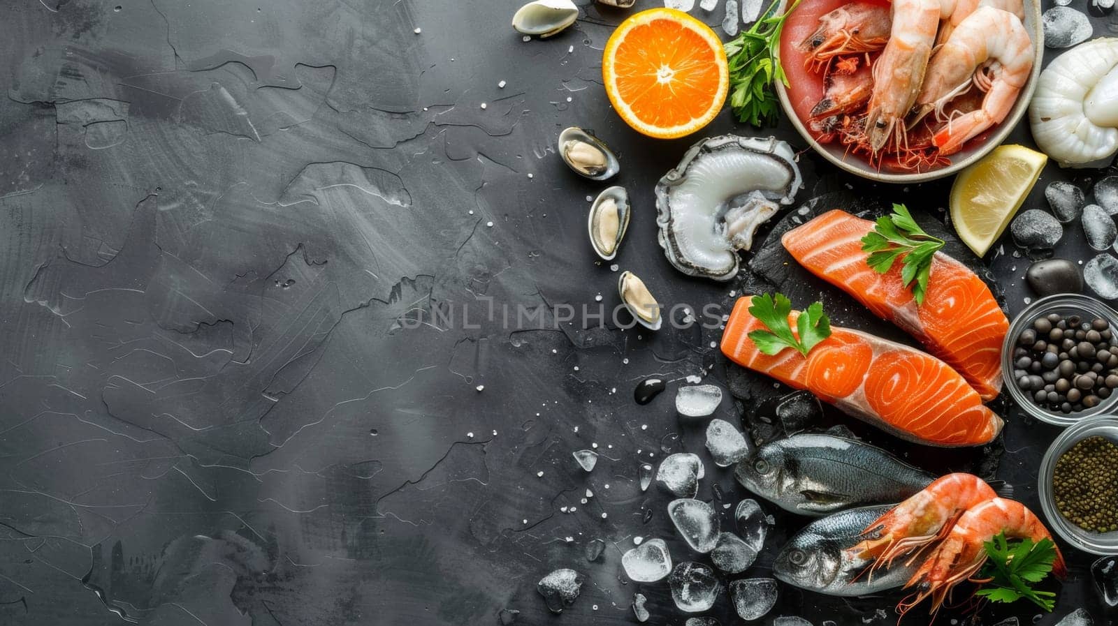 A variety of seafood including salmon, shrimp and oysters