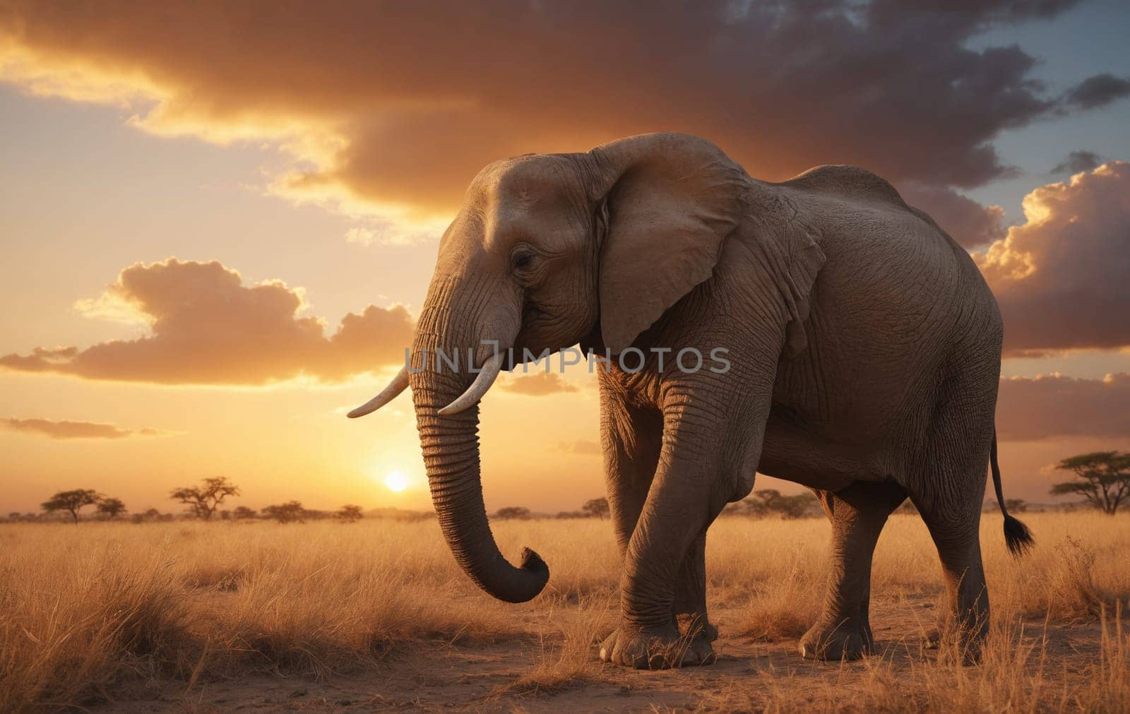 A serene scene of elephants in the wild, captured in their natural habitat at dusk.