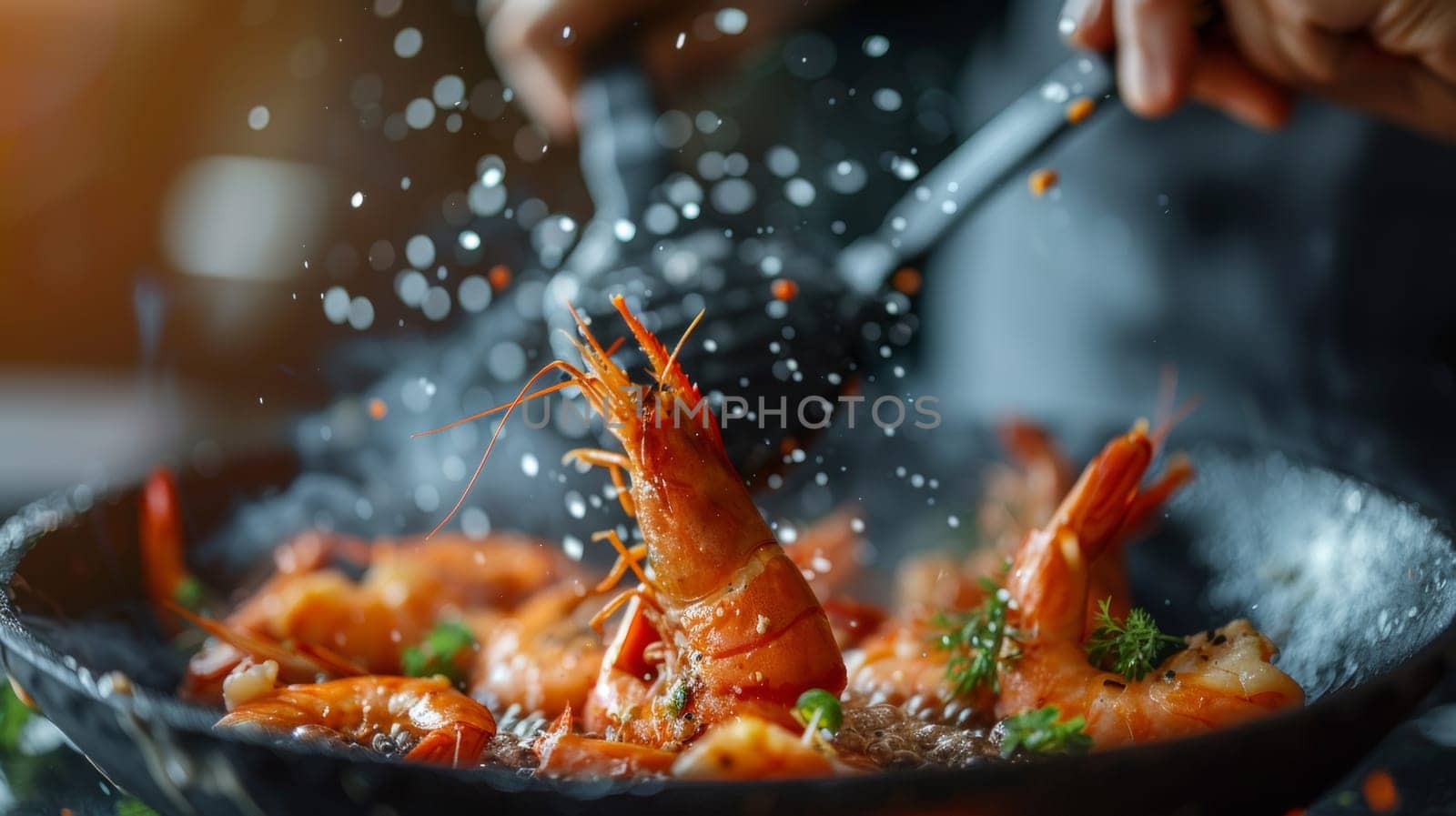 A close up of a person cooking shrimp in a pan