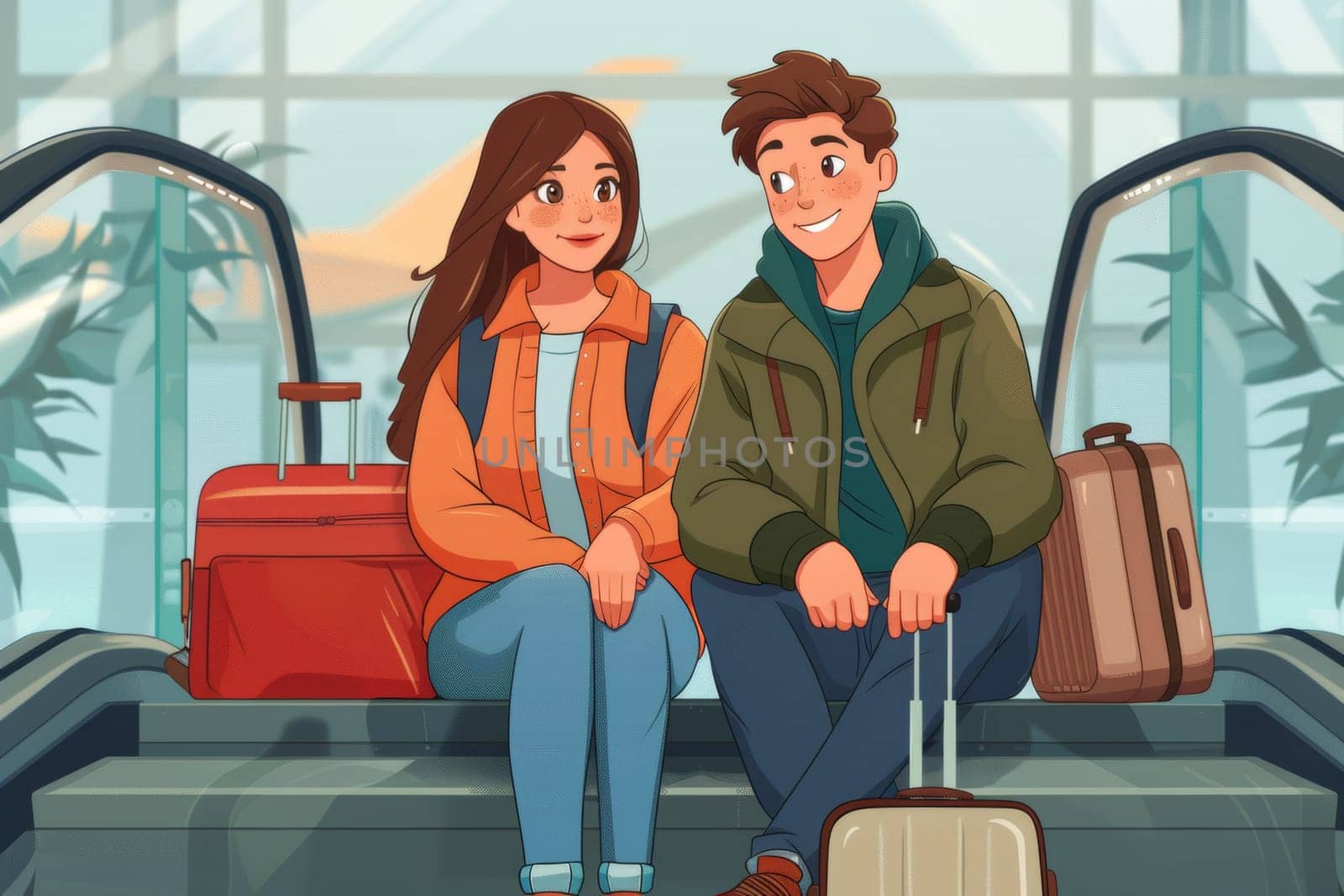 A cartoon couple sitting on a plane with luggage, AI by starush