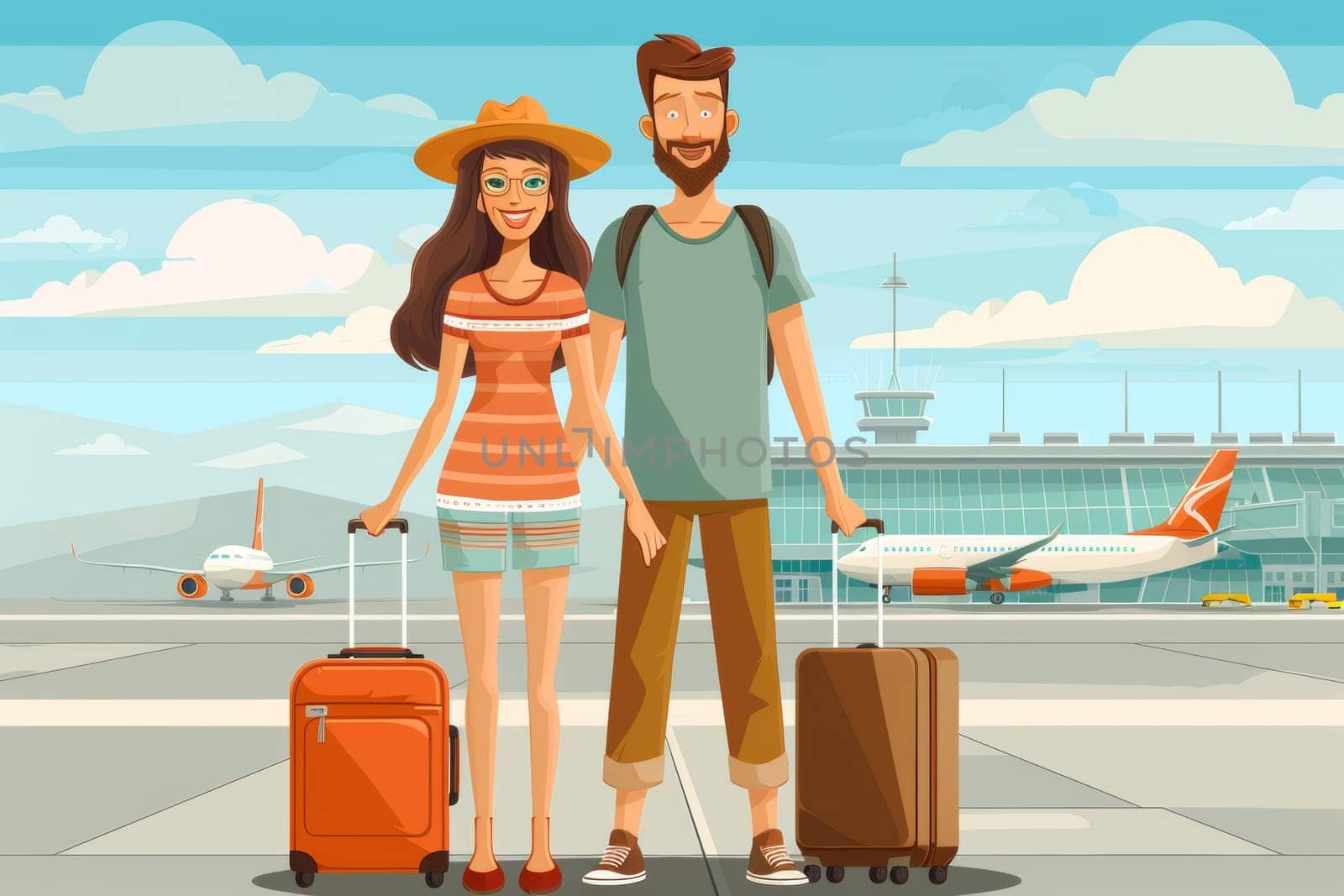 A man and woman standing next to each other with luggage, AI by starush