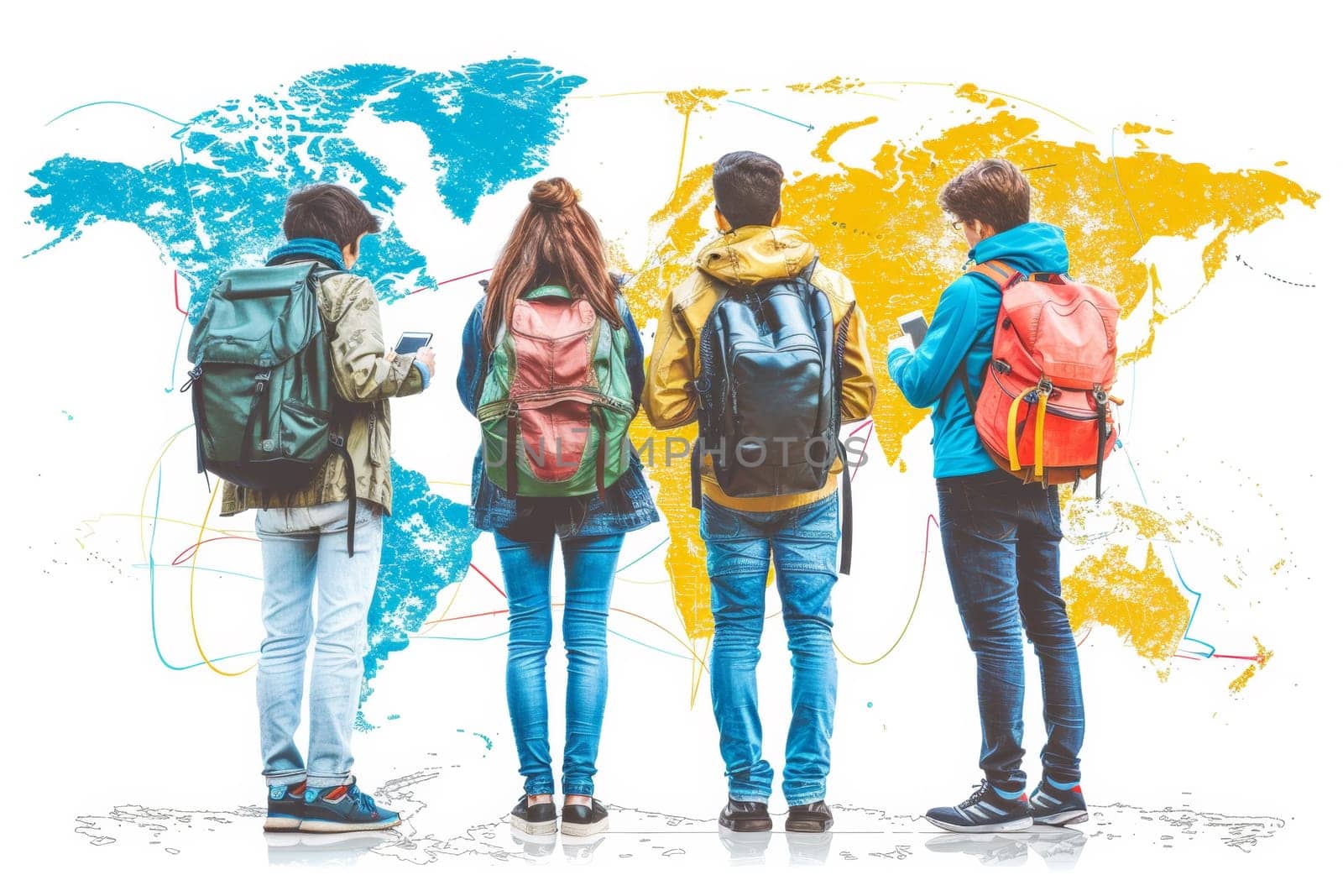 A group of people with backpacks standing in front of a world map