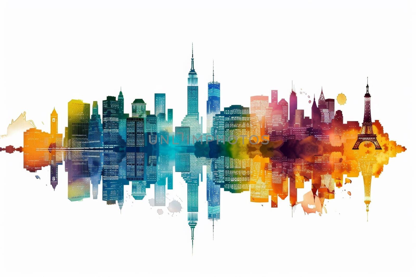 A colorful city skyline with a rainbow of colors, AI by starush