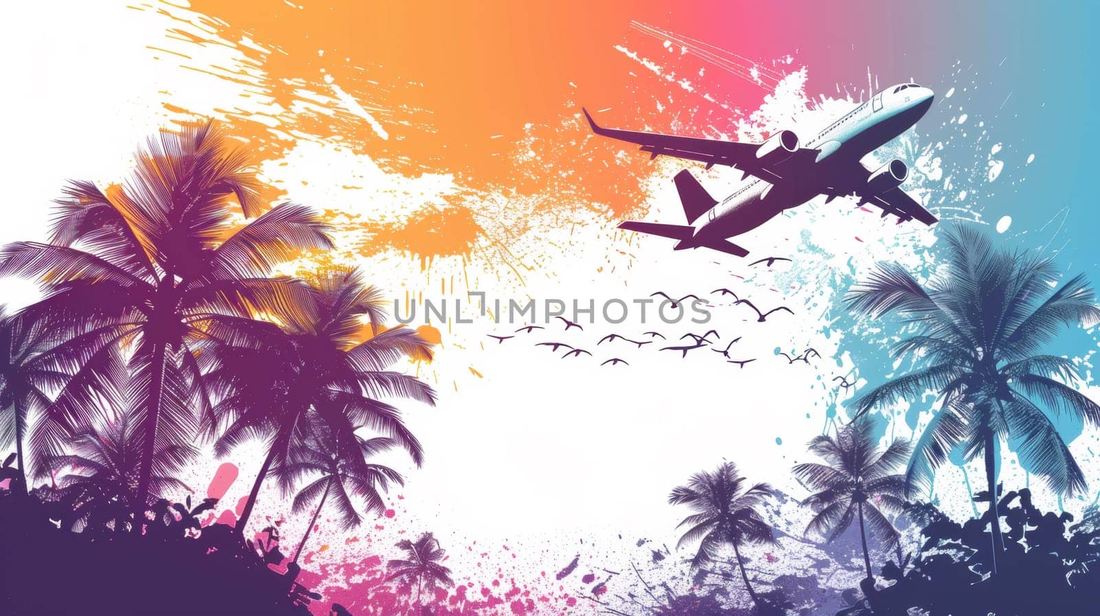 A colorful painting of an airplane flying over palm trees, AI by starush