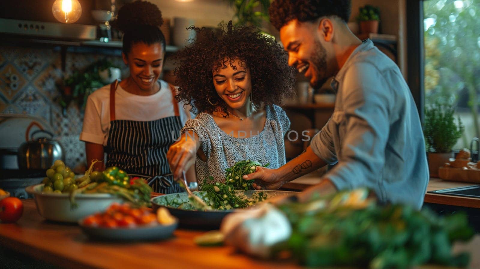 Three diverse mixed race vegan friends are smiling and laughing while preparing food in a kitchen by verbano