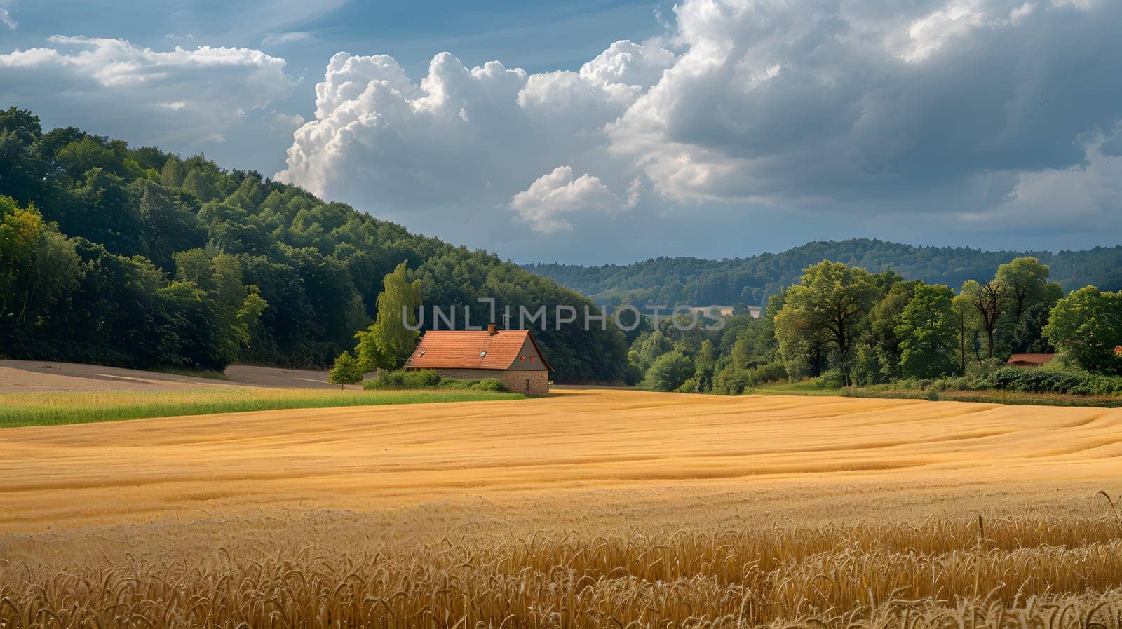 A quaint little house sits in the center of a grassy field, surrounded by a picturesque natural landscape filled with trees and plants under the vast sky