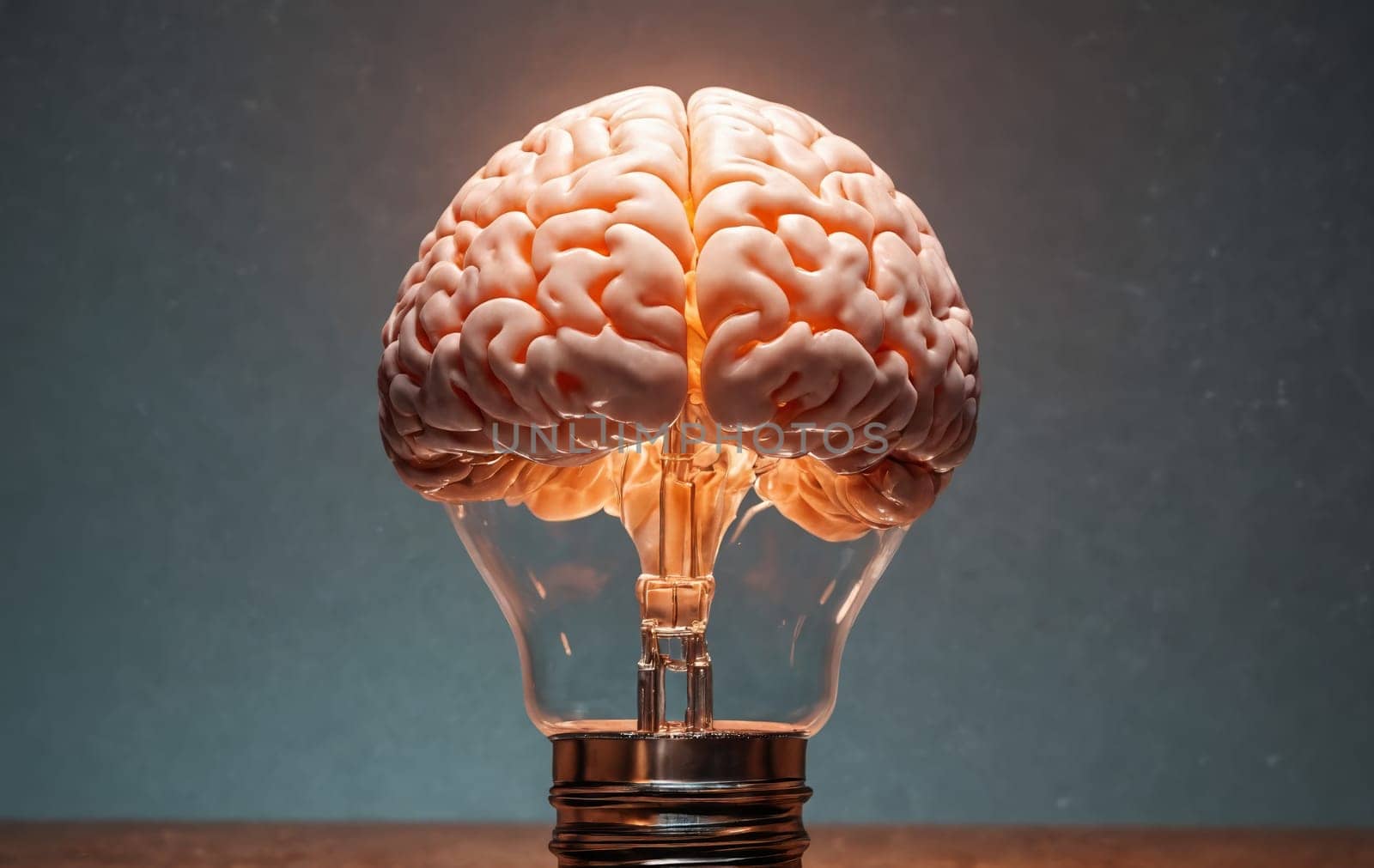 Human brain in a light bulb on a dark background. Brainstorming concept.