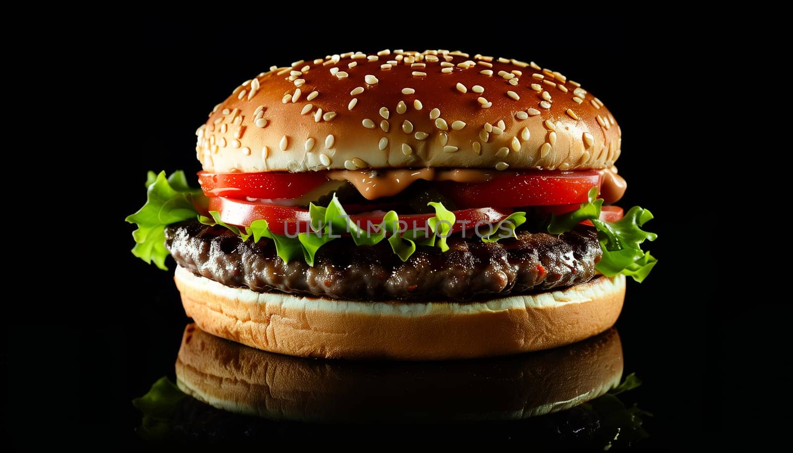 Fresh tasty burger on black background. Shallow dof