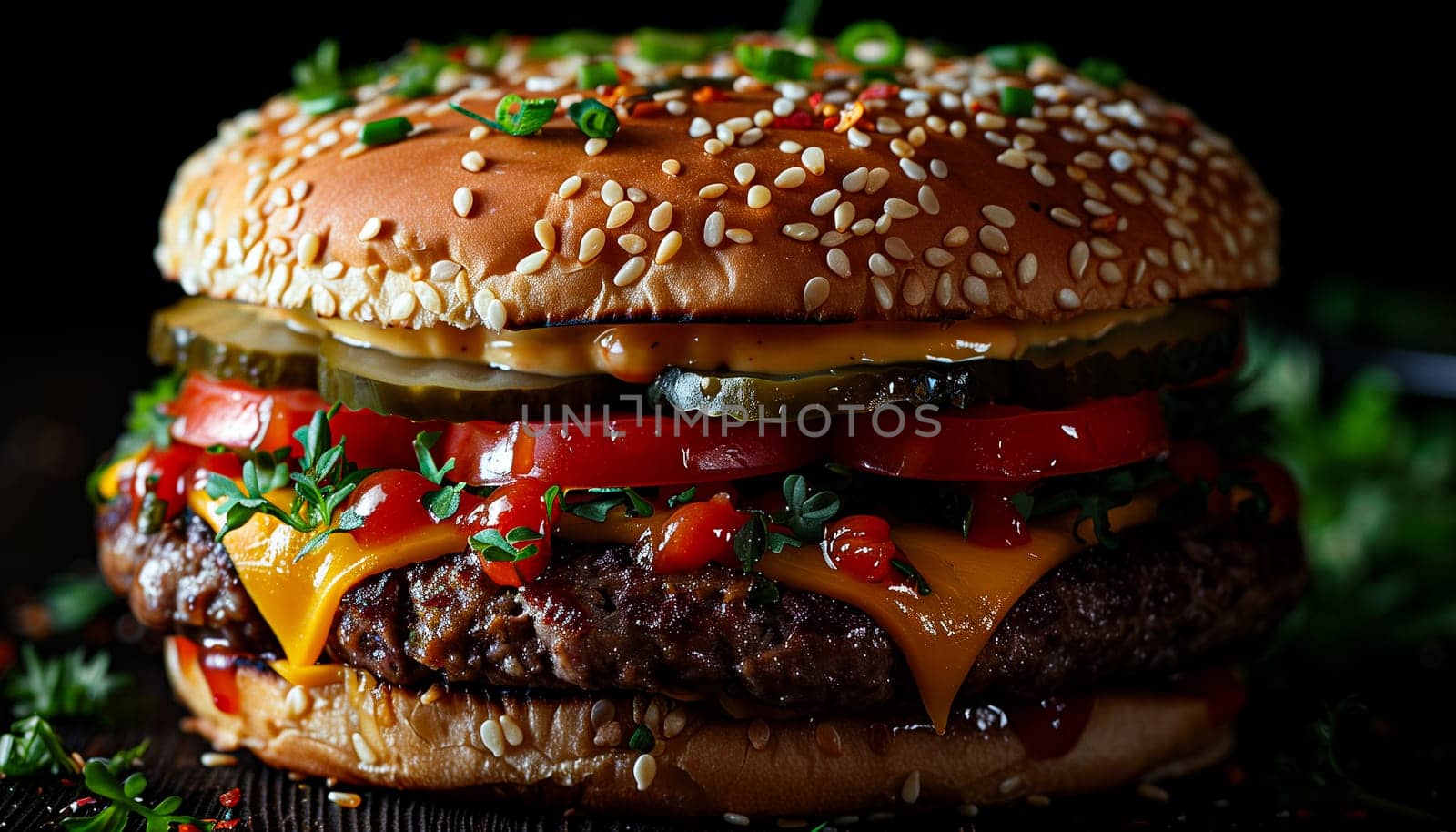 Fresh tasty burger on black background. Shallow dof. by sarymsakov