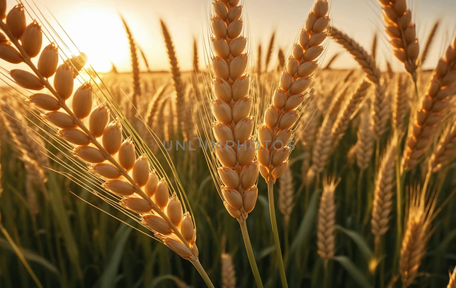 Wheat ears in the field at sunset. Close-up