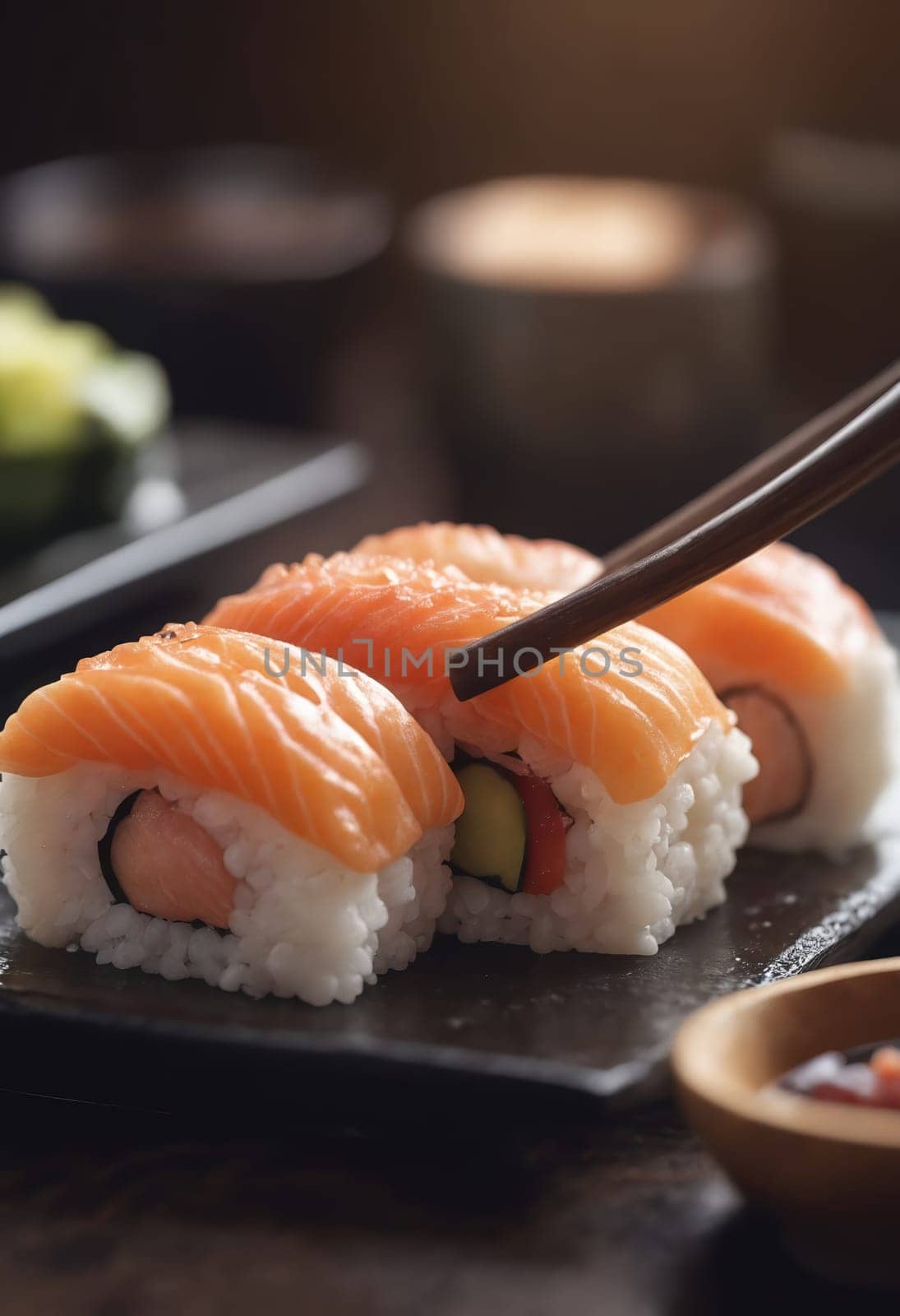 The person is enjoying California roll sushi with chopsticks on a plate, savoring the fresh ingredients and flavors of this delicious cuisine dish