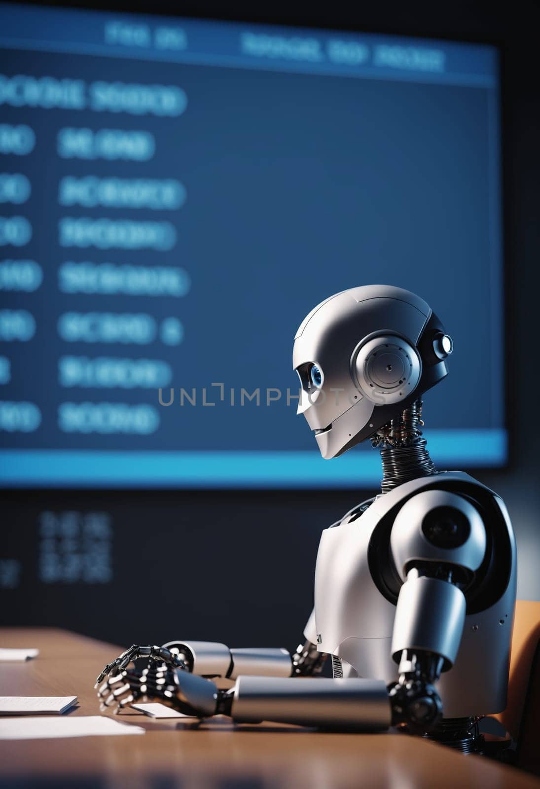 A robot is stationed at a desk with a computer monitor, keyboard, and other office supplies. It is equipped with audio equipment and other technology