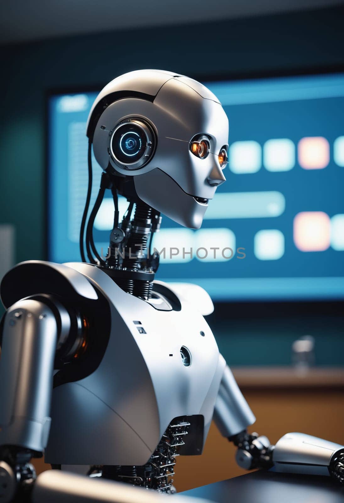 A robot is sitting at a desk in a classroom, equipped with a display device and audio equipment. It is wearing personal protective equipment, resembling a fictional character, engaging in recreation