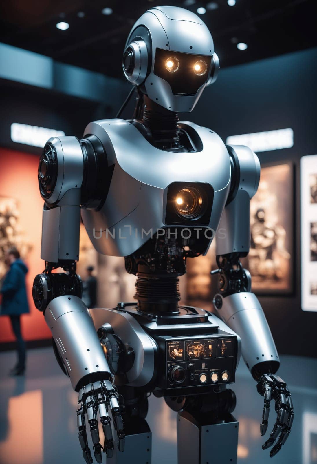 A fictional character robot made of metal, wearing personal protective equipment with yellow eyes, stands in a dark room featuring automotive design and advanced audio equipment