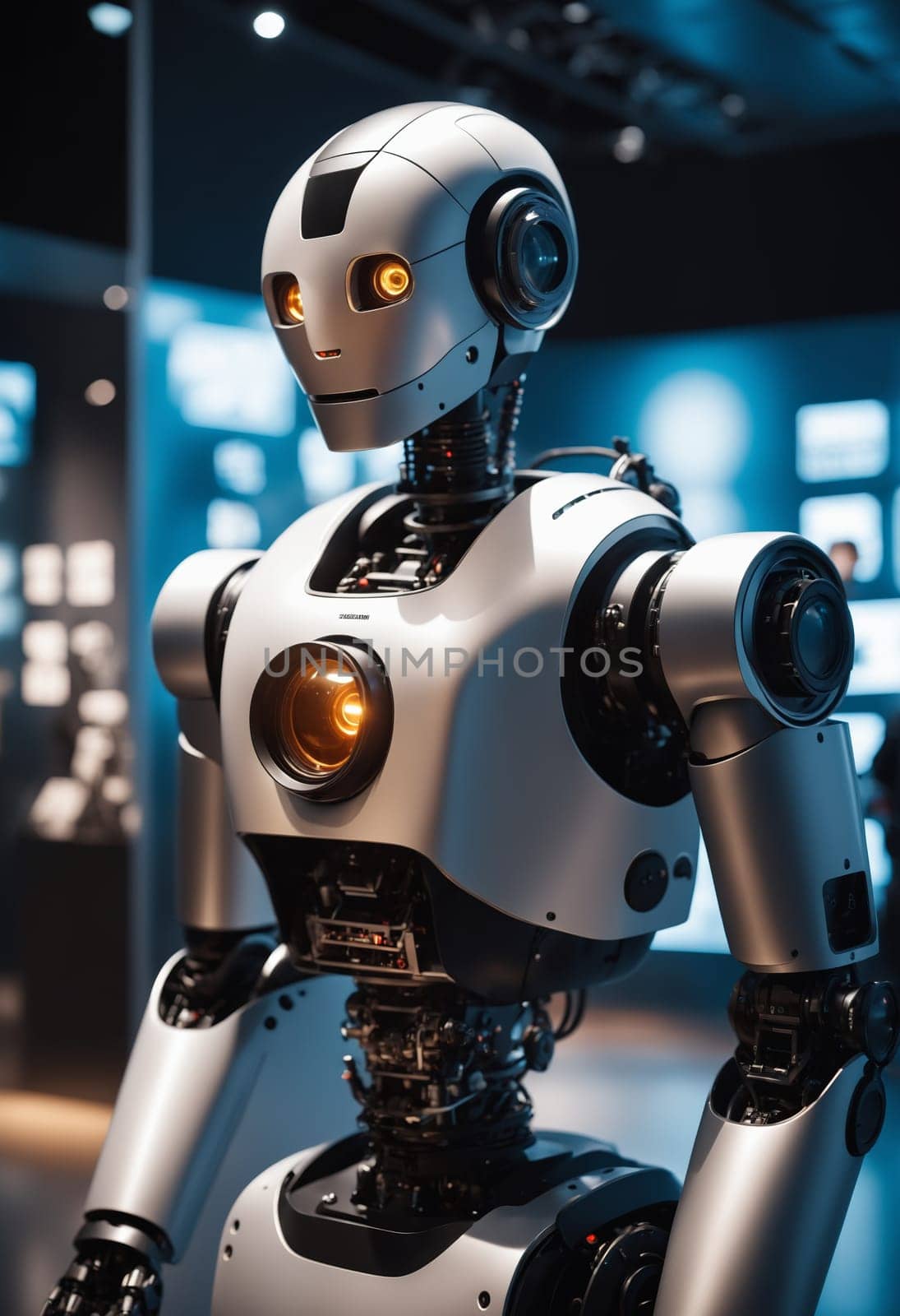 A robot, made of composite material and metal, stands in a museum wearing personal protective equipment. It is looking at a screen displaying an electric blue fictional character collectible event