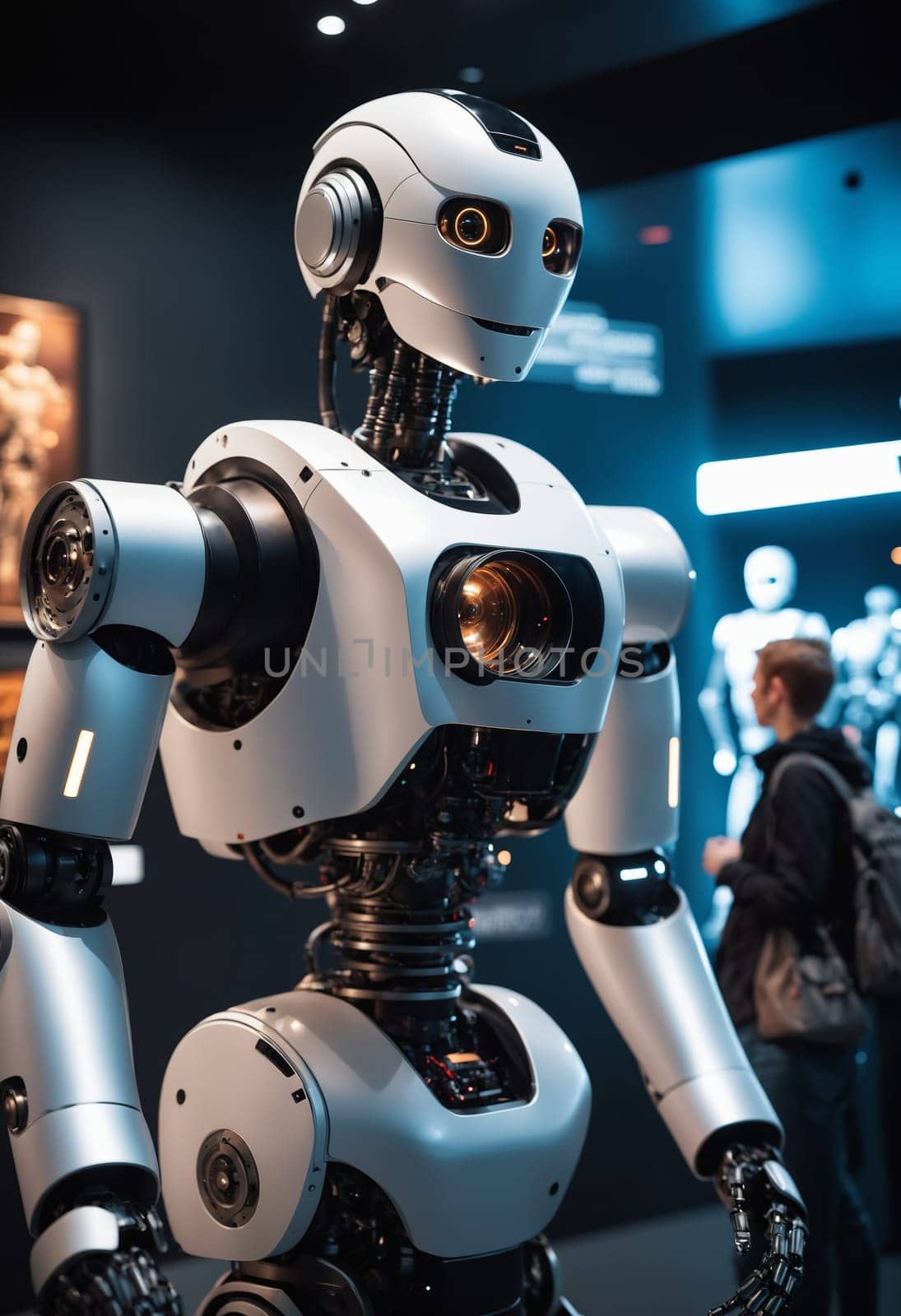 A fictional character in an electric blue robot costume is standing in front of a crowd at an engineering event. The metal robot art piece is equipped with audio equipment