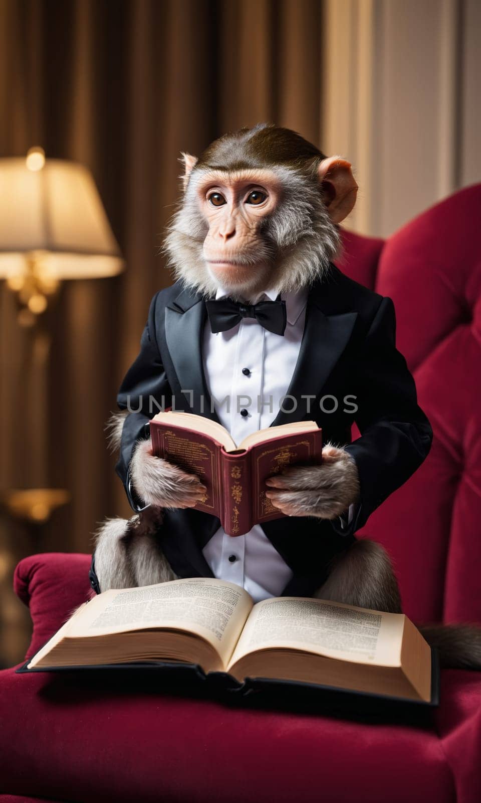 Monkey in a black suit and bow-tie reading a book.