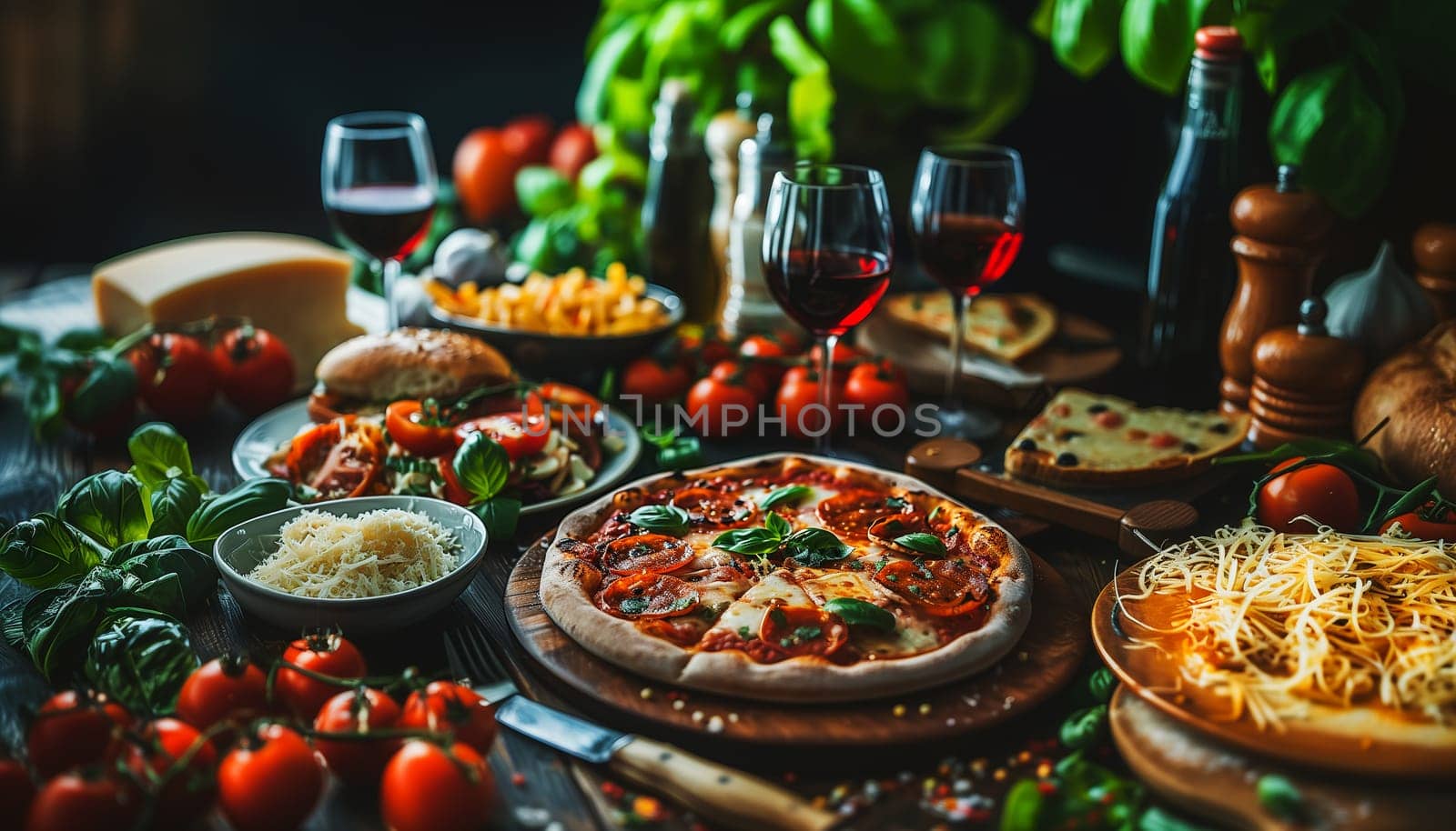 Assorted Italian food set on table.