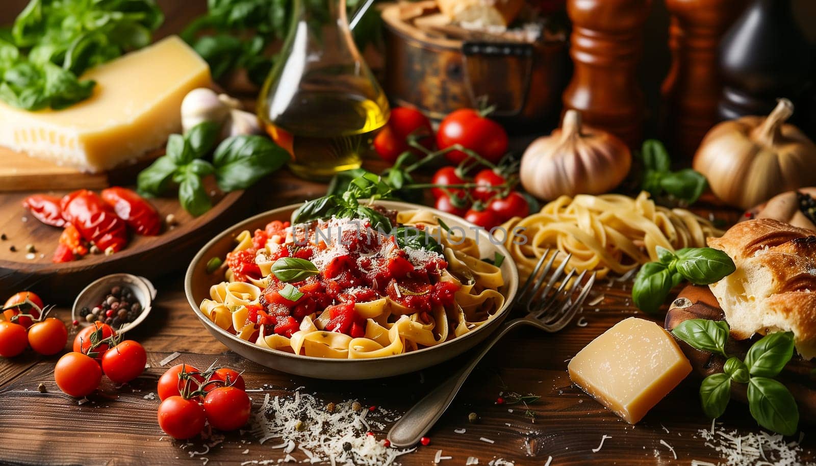 Assorted Italian food set on table.