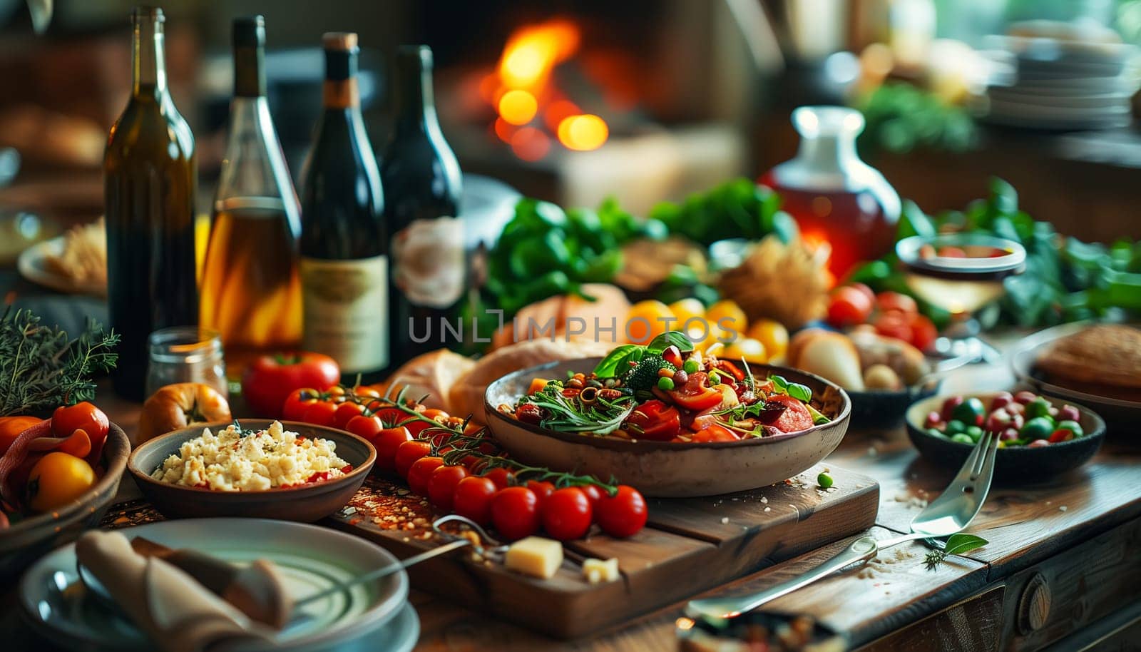 Assorted Italian food set on table.