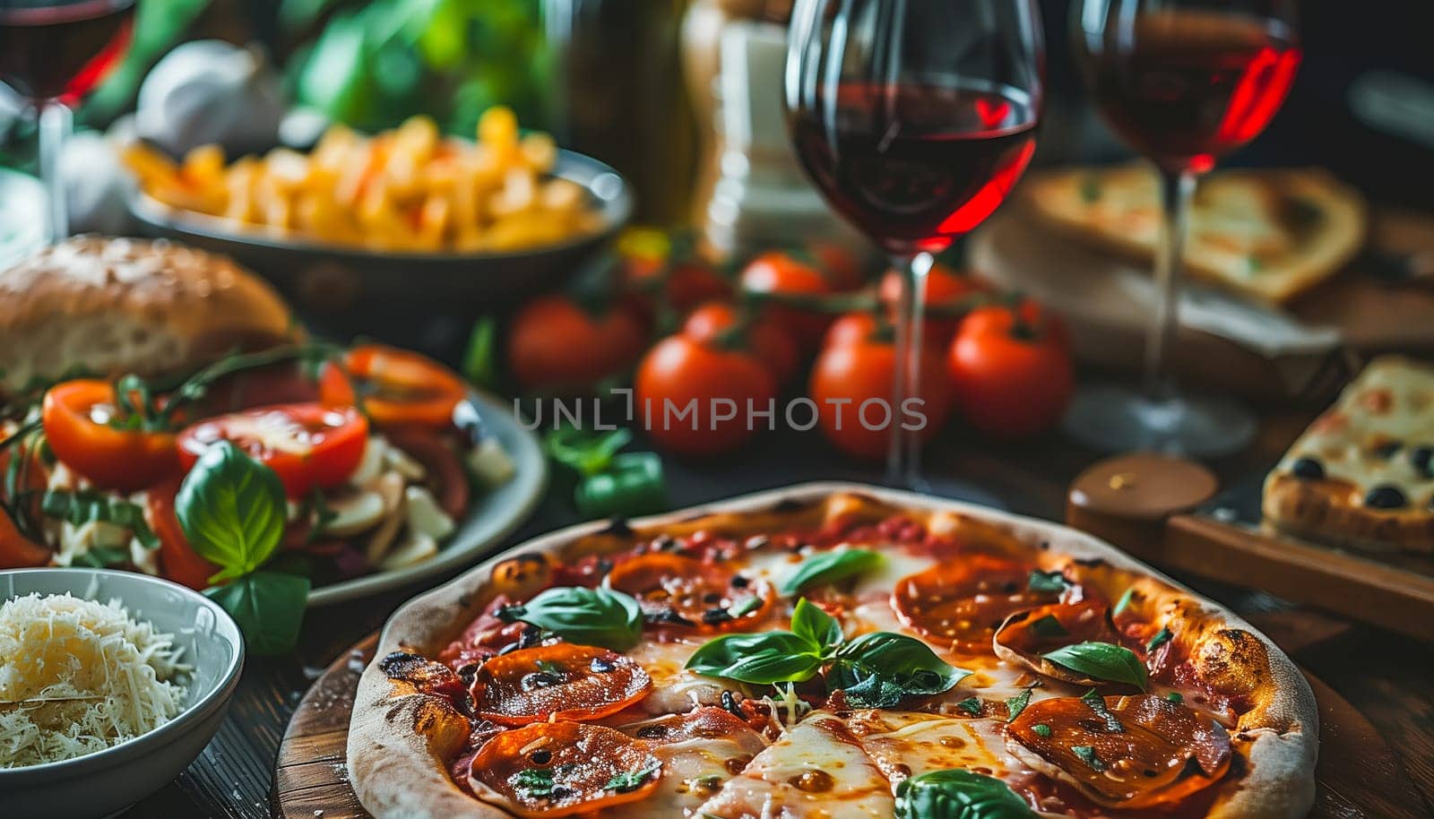 Assorted Italian food set on table.