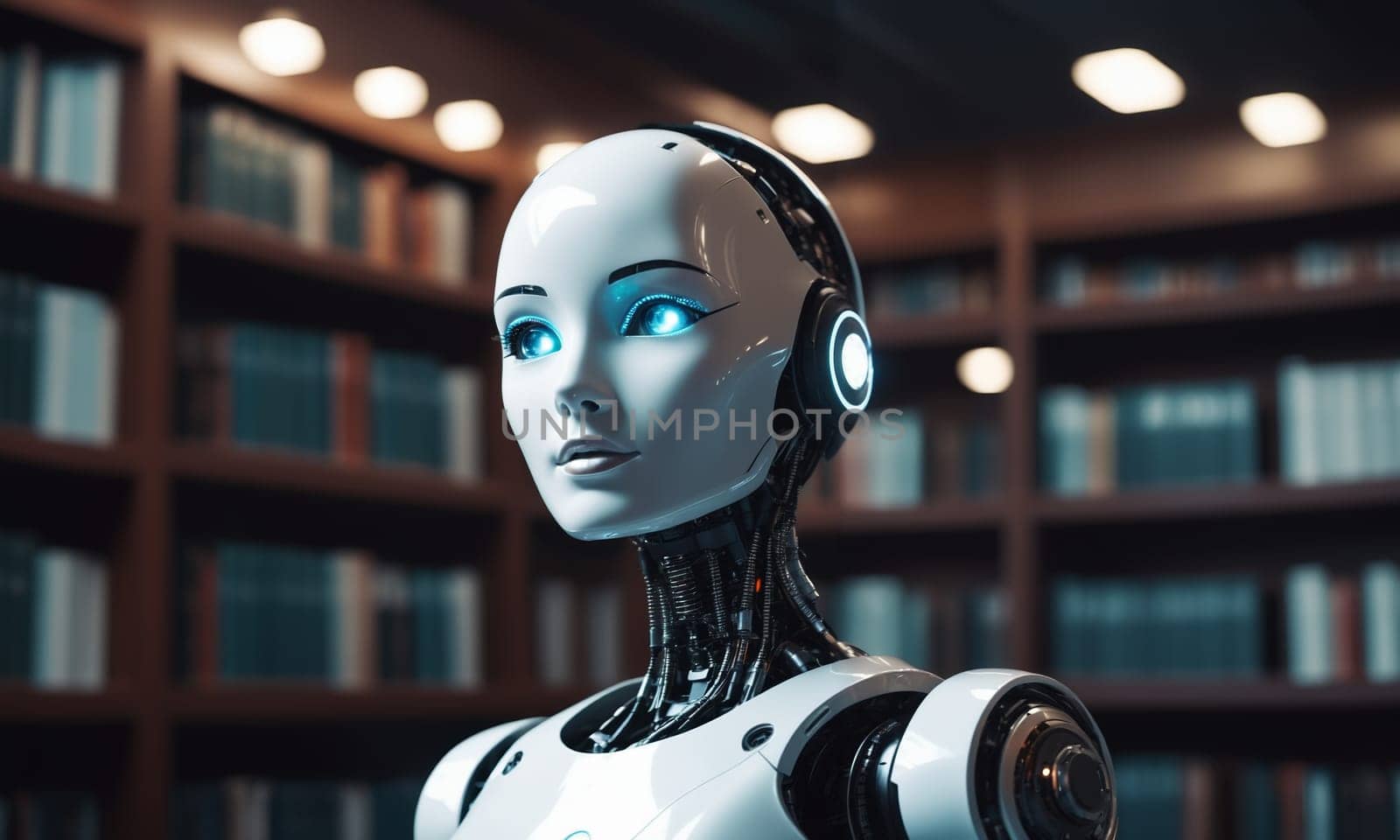 3d rendering humanoid robot in library with bookshelves in background.