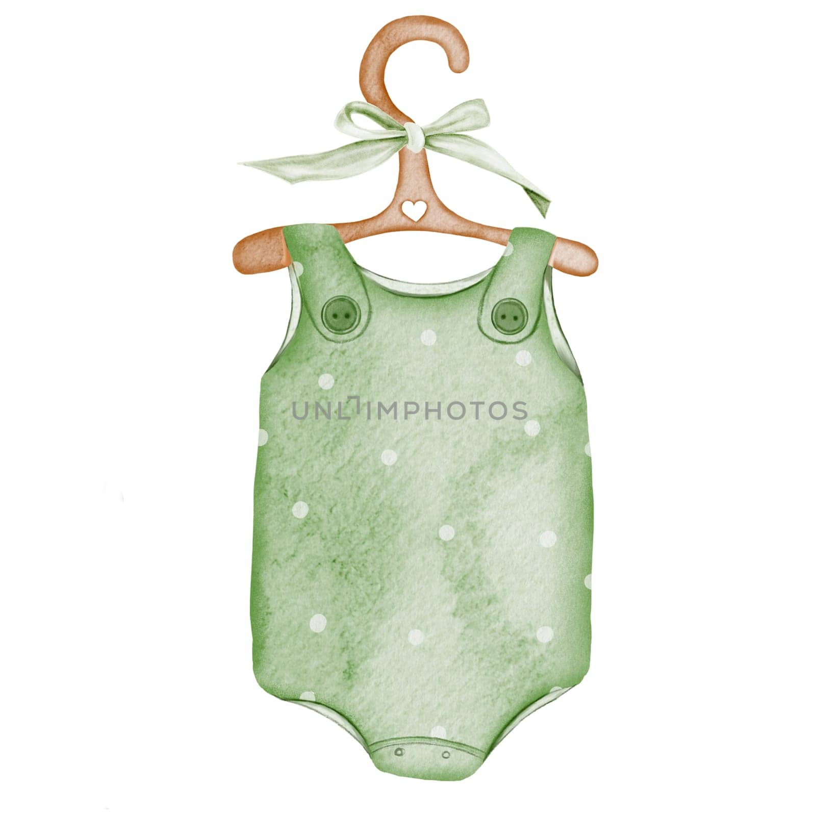Baby clothes watercolor. Children's bodysuit hand drawing isolated on white background. Clip art romper in pastel colors on a wooden hanger with a bow. For the design of children's cards and baby shower invitations. High quality illustration
