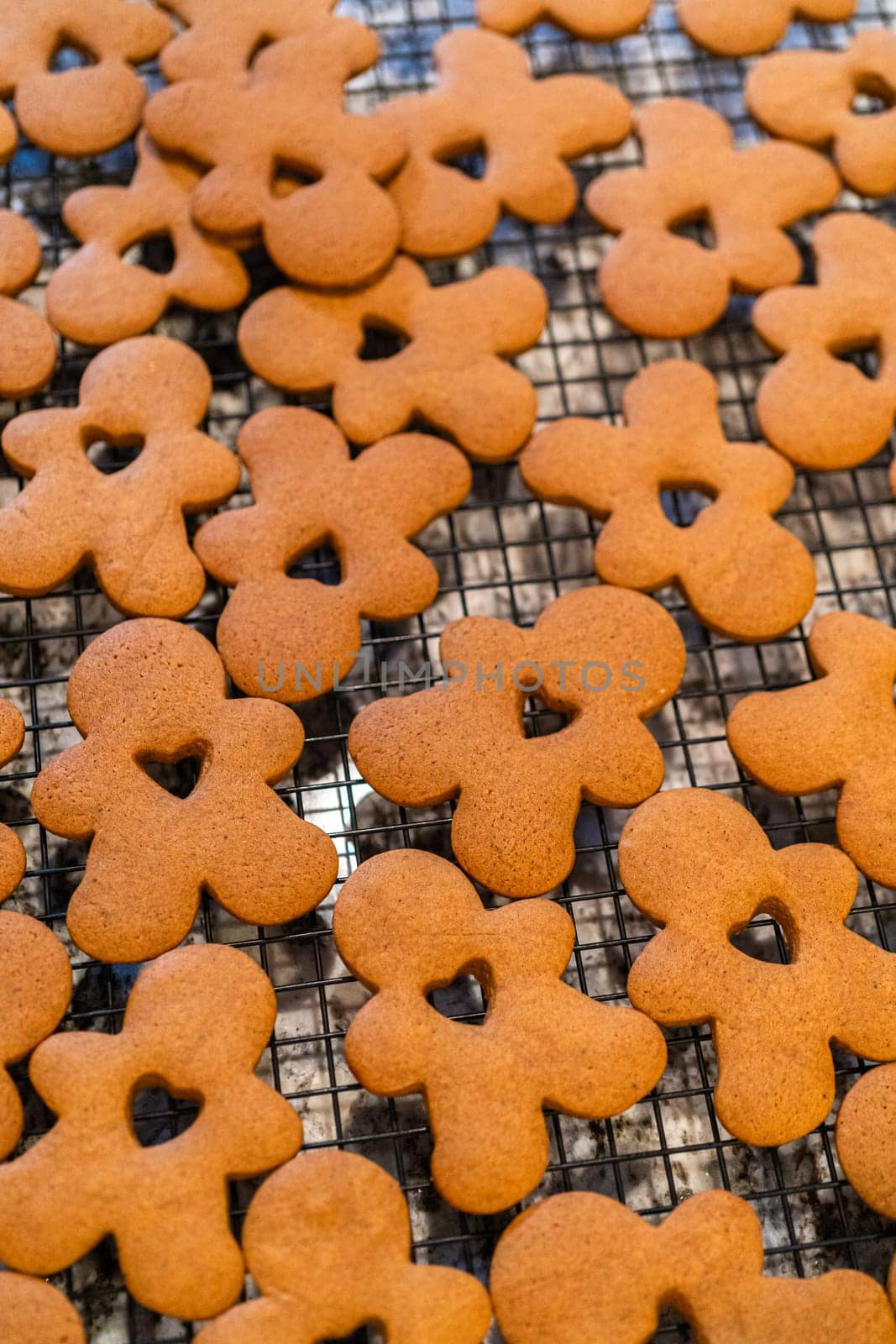 Freshly baked gingerbread cookies find their place on a cooling wire rack in a modern white kitchen, filling the air with festive aromas.