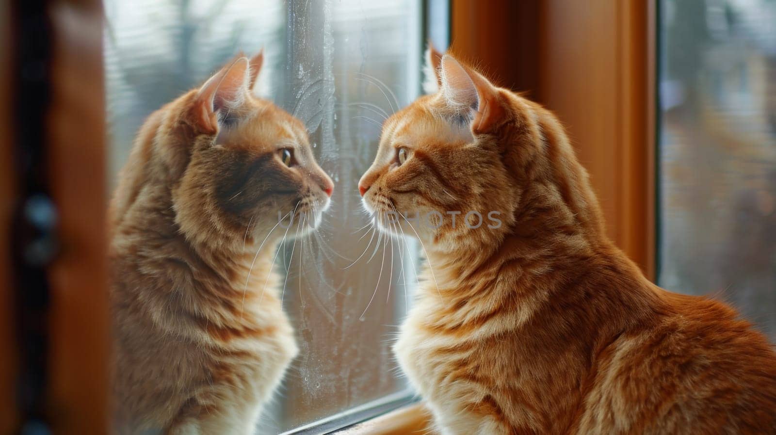 A cat looking at itself in a window reflection, AI by starush