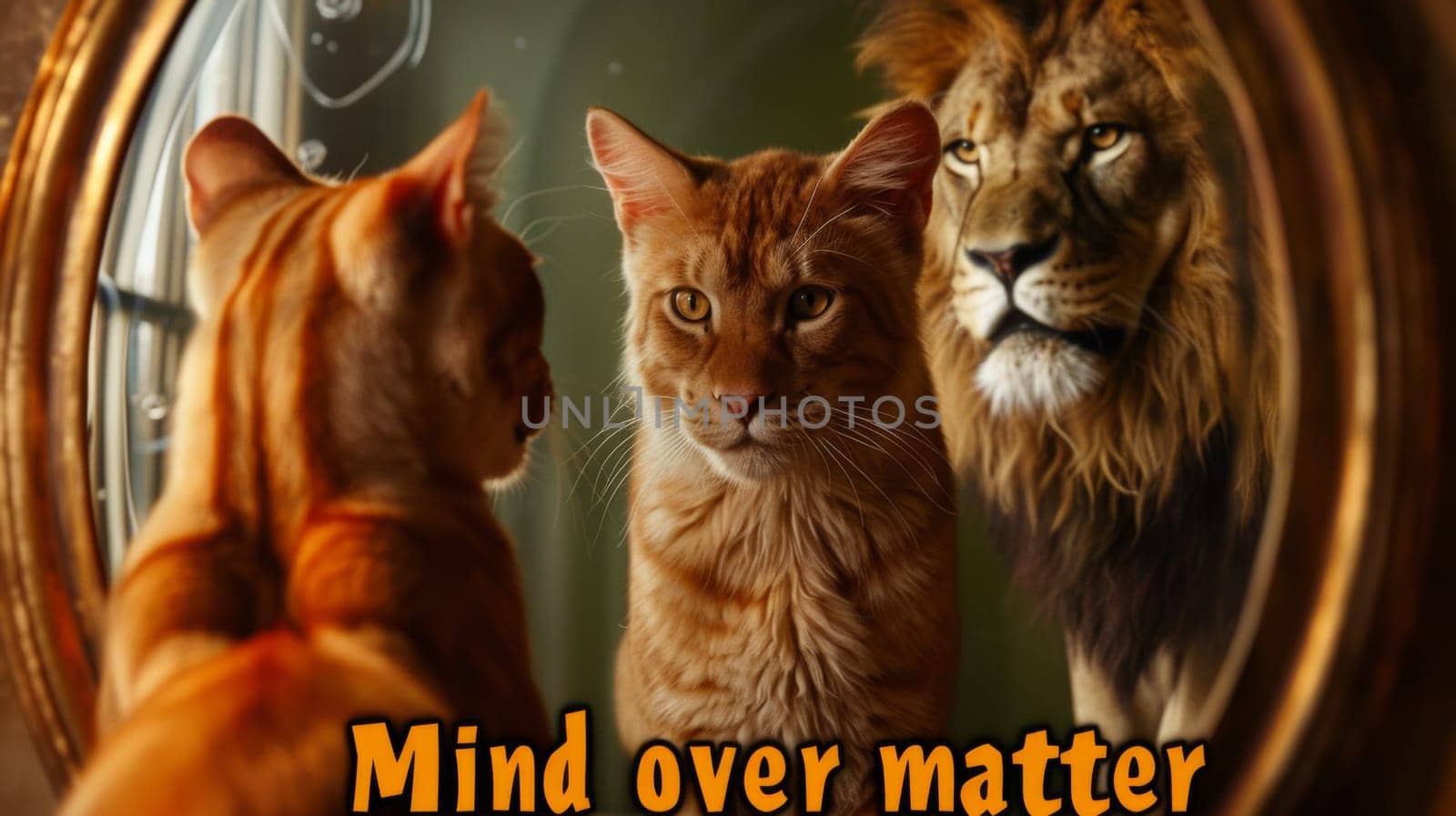A cat looking at a lion in the mirror and another cat, AI by starush
