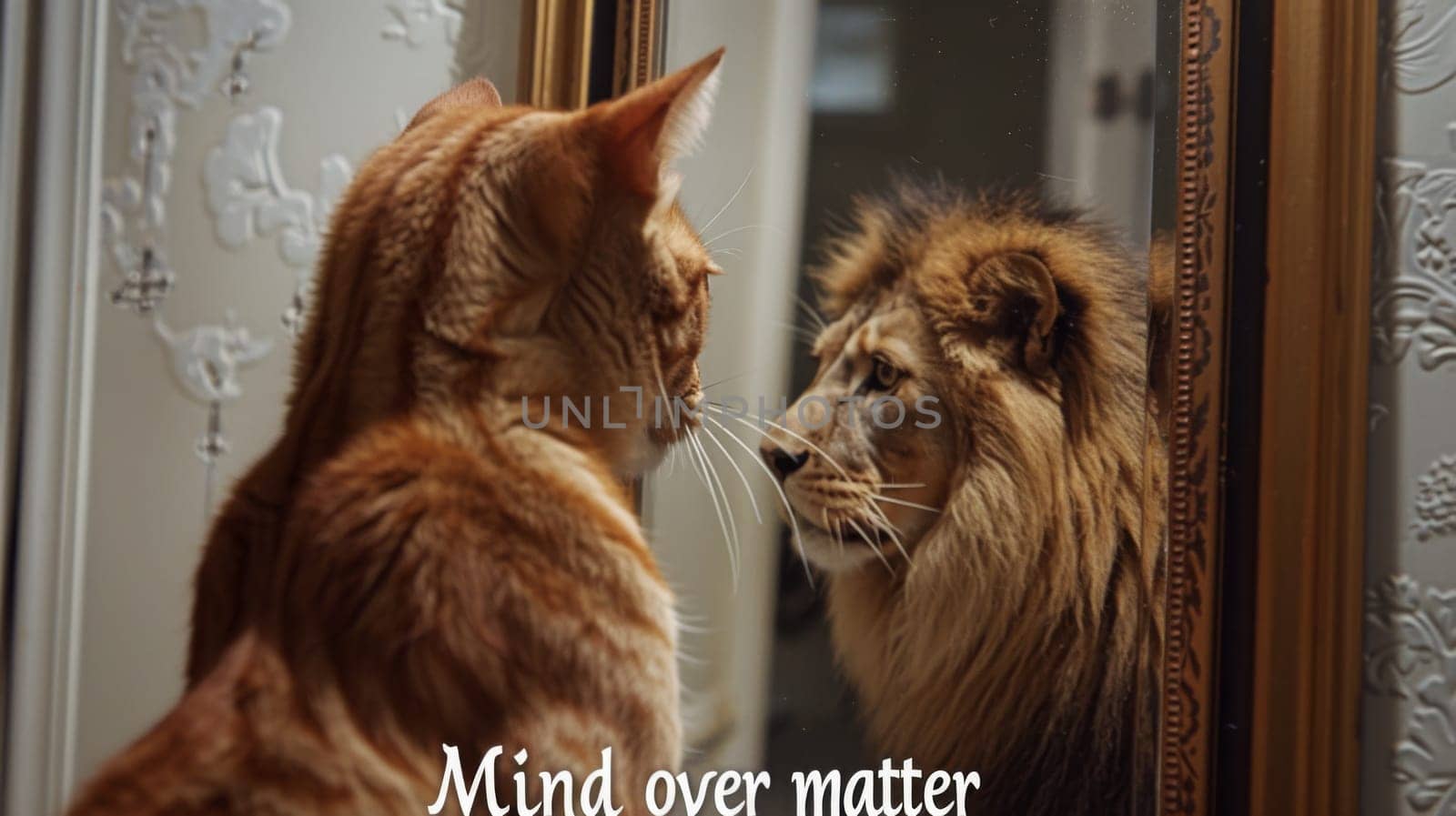 A cat looking at a lion in the mirror