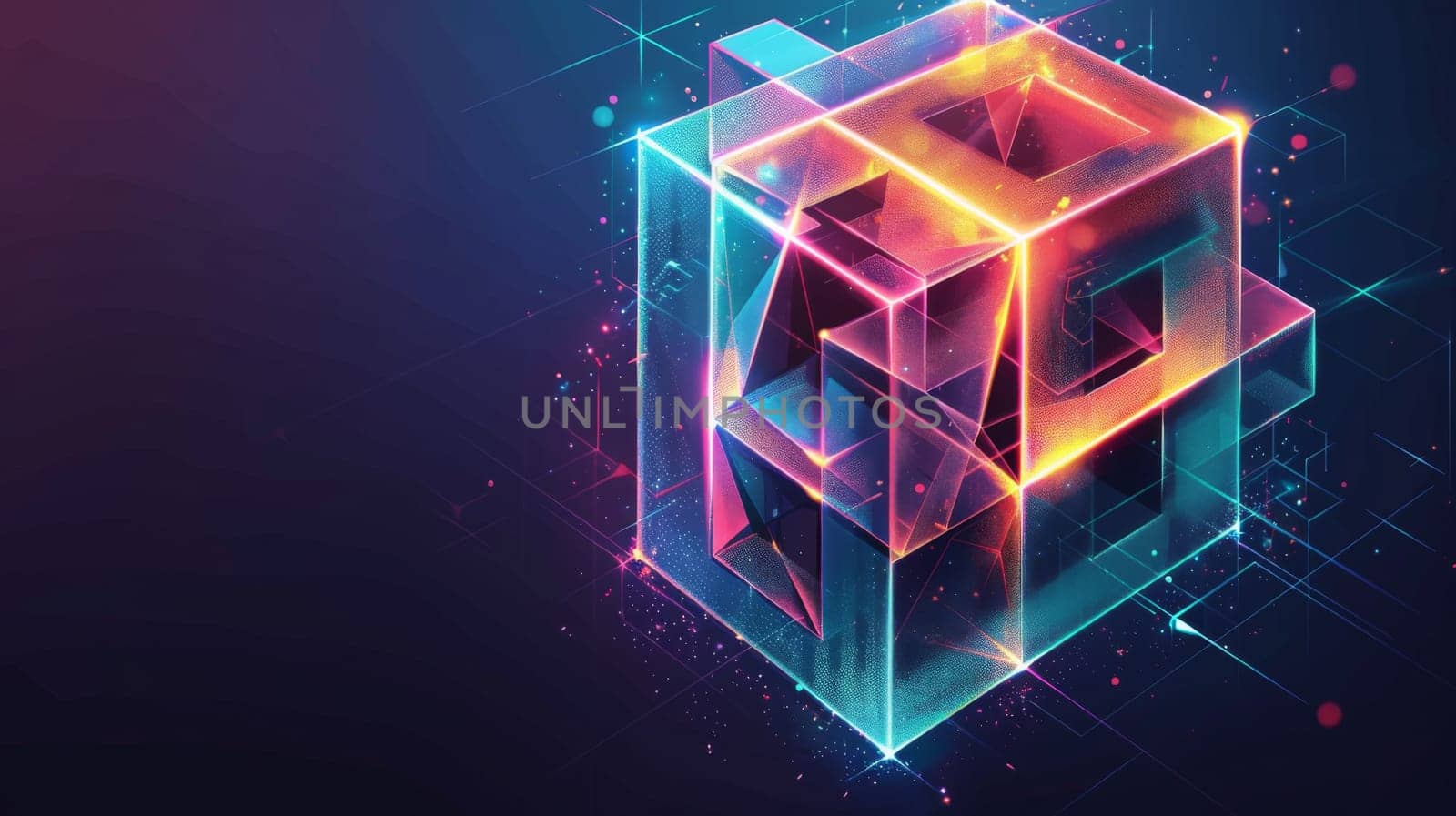 A colorful abstract image of a cube with neon lights