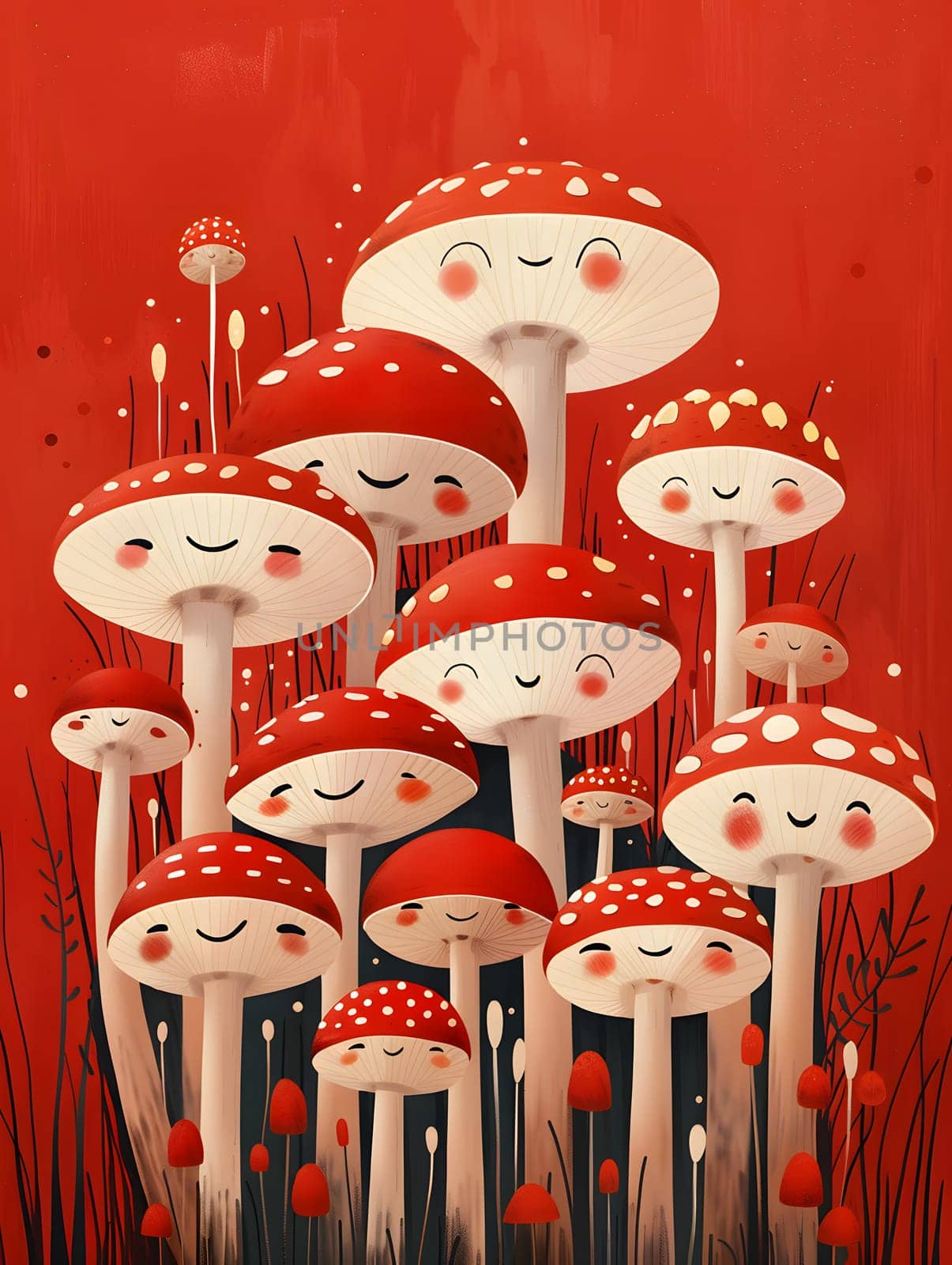 A cluster of mushrooms with cheerful faces sprouting in the grass. The vibrant red caps glow in the light, creating a whimsical art event in the garden
