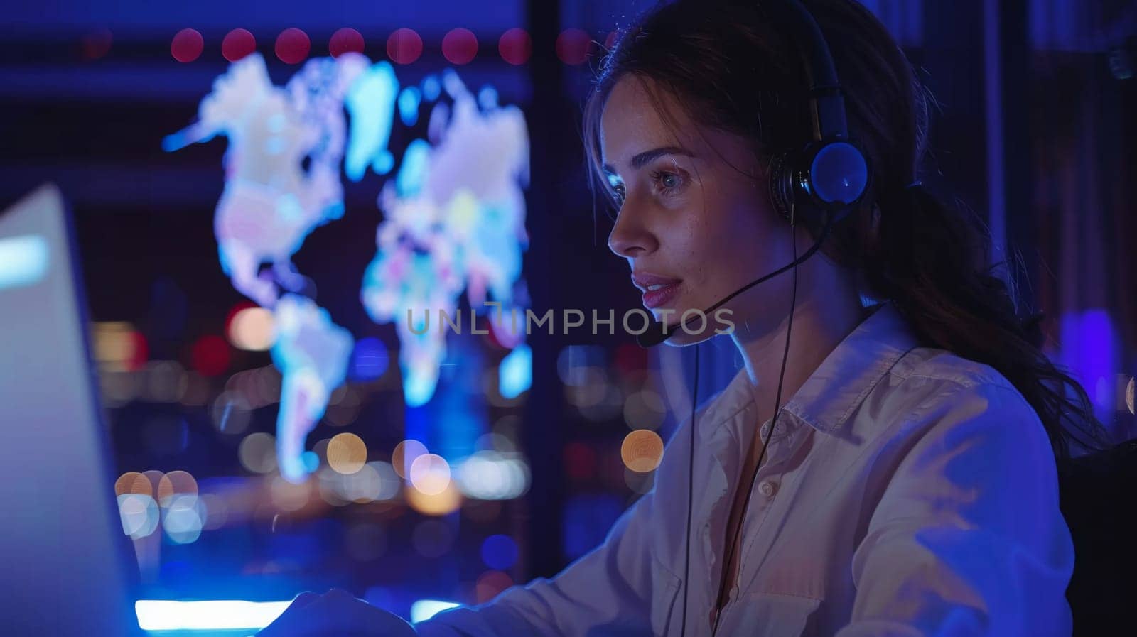 A woman in a headset working on her computer at night