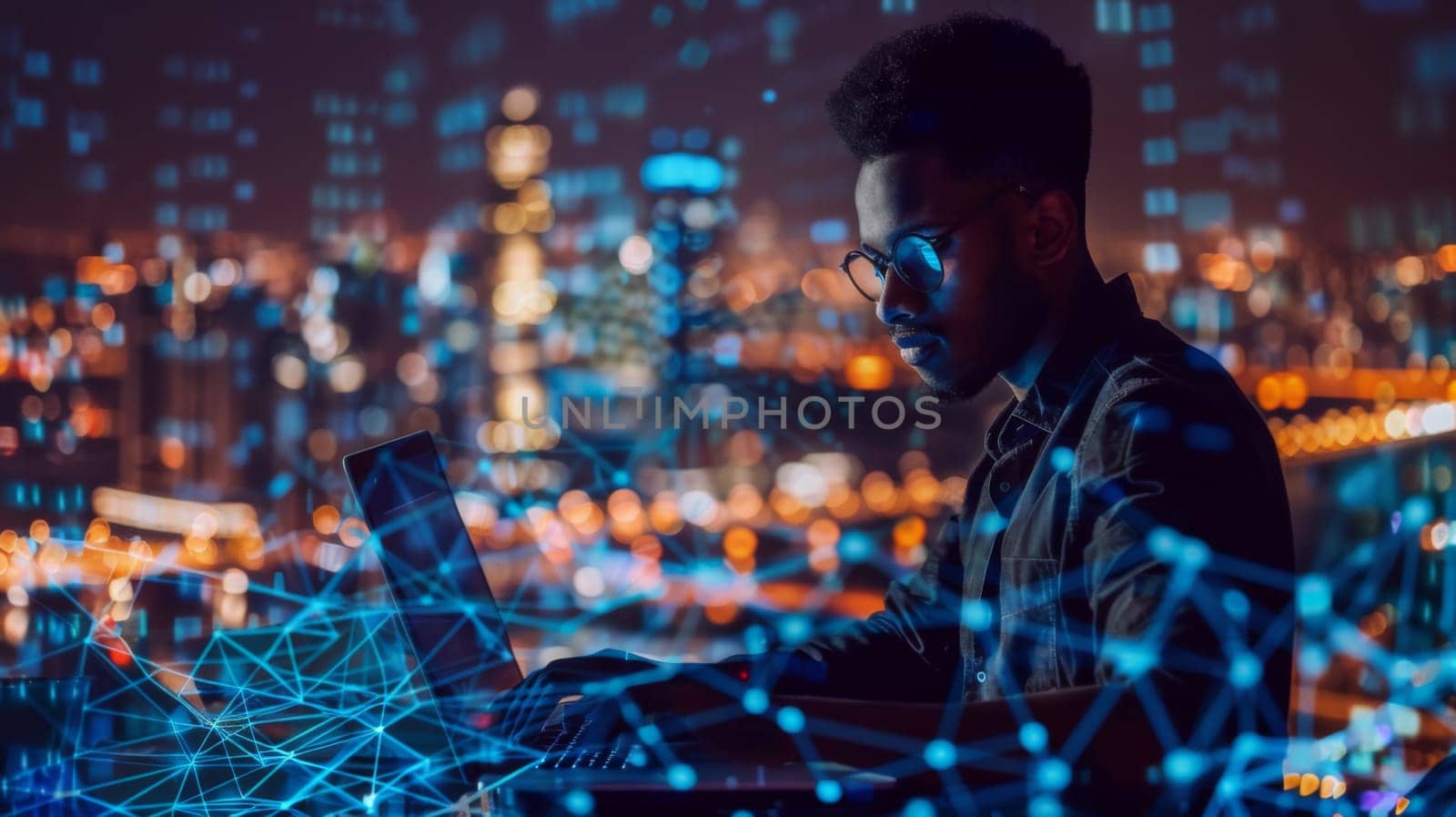 A man sitting at a laptop with glowing lines and dots, AI by starush