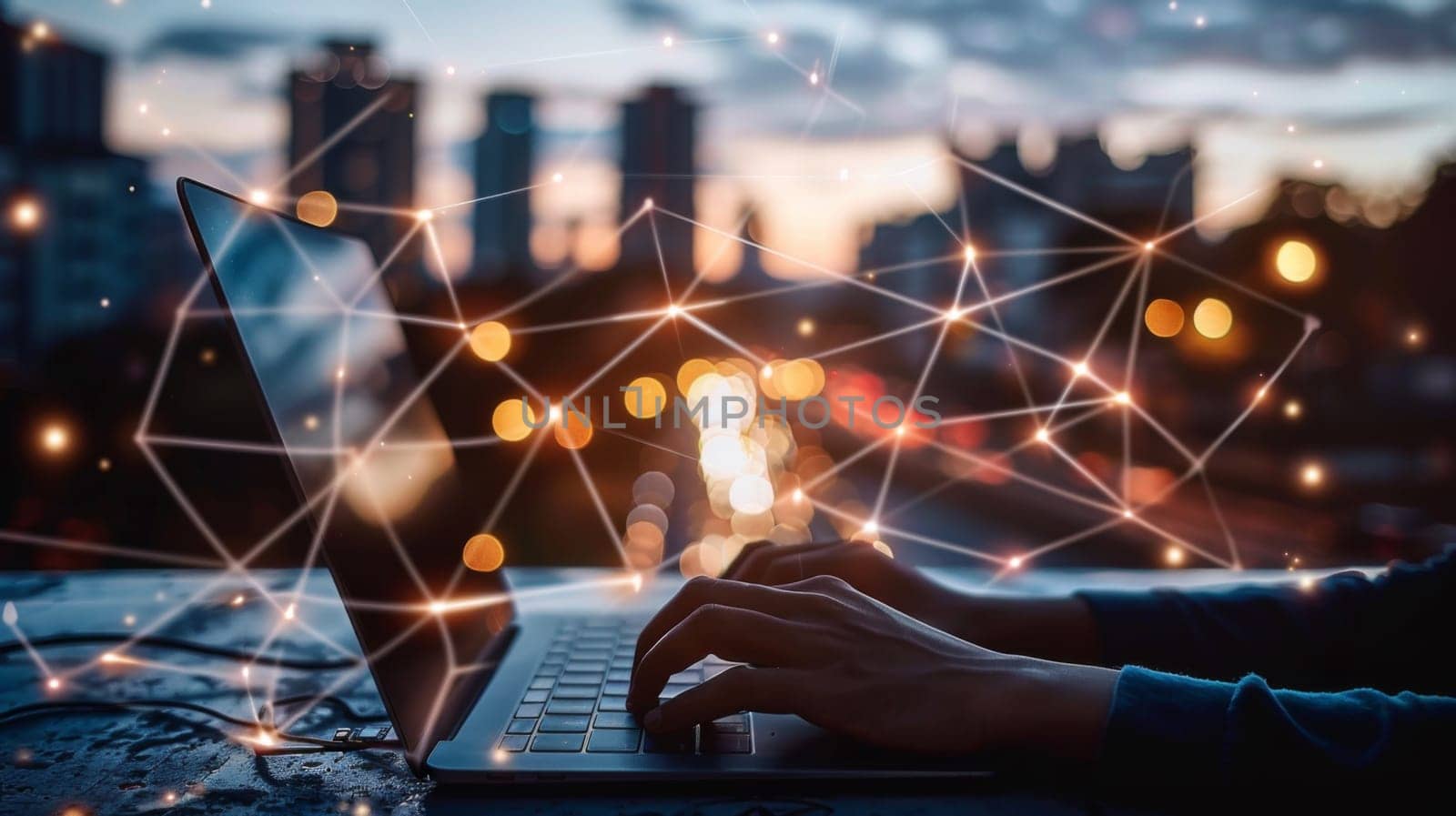 A person typing on a laptop with lights and lines connecting them