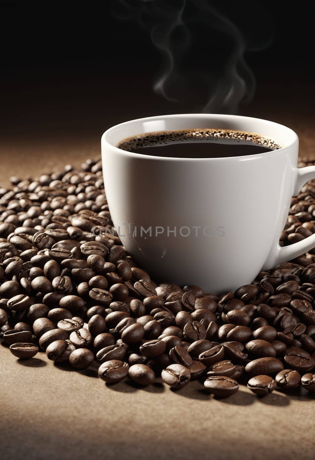 Cup of coffee with coffee beans on a black background, close up.