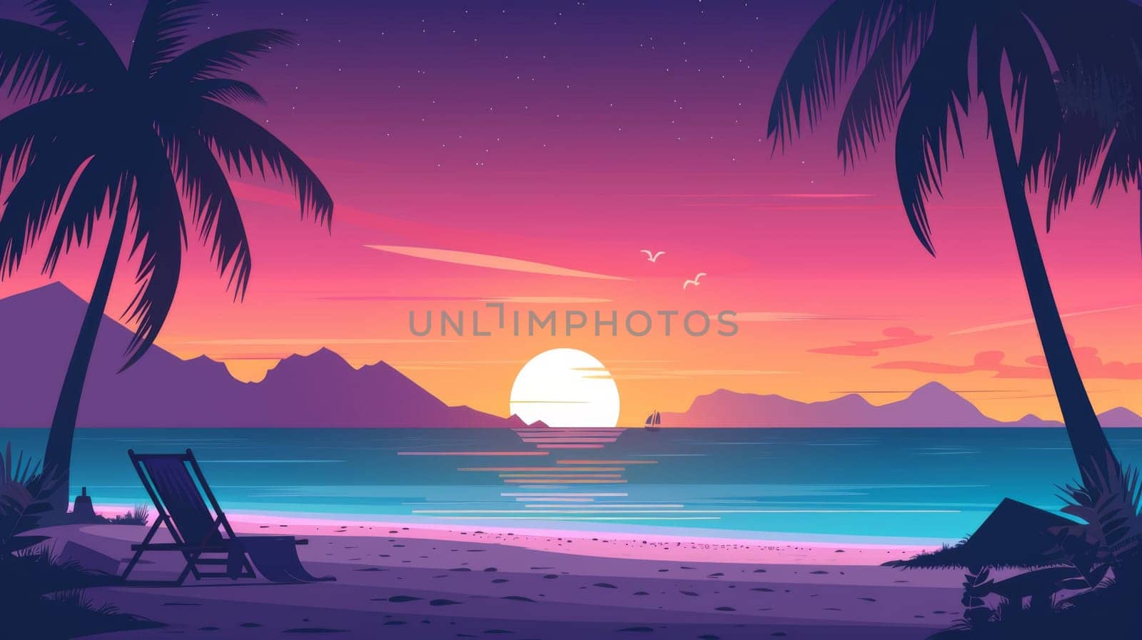 A beach scene with a chair and palm trees at sunset