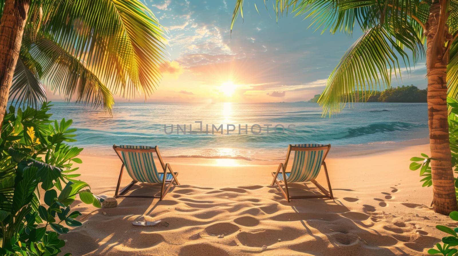 Two chairs on the beach at sunset with palm trees in background