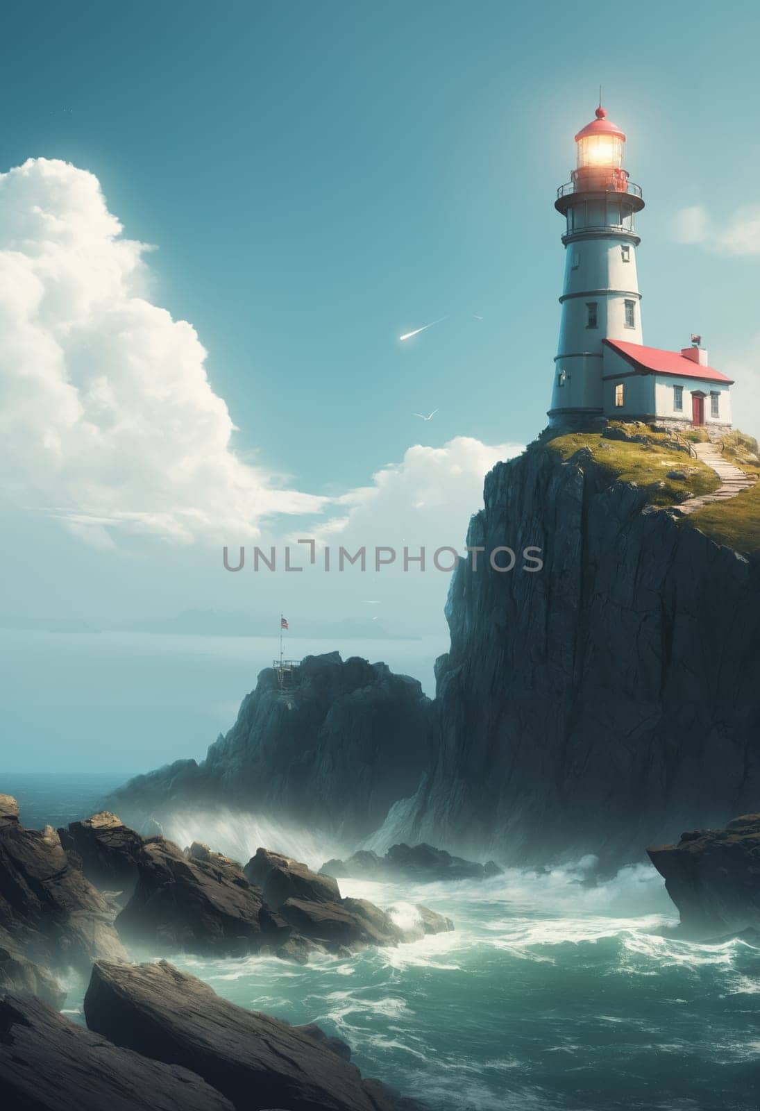 Lighthouse on a cliff in the middle of the ocean. by Andre1ns