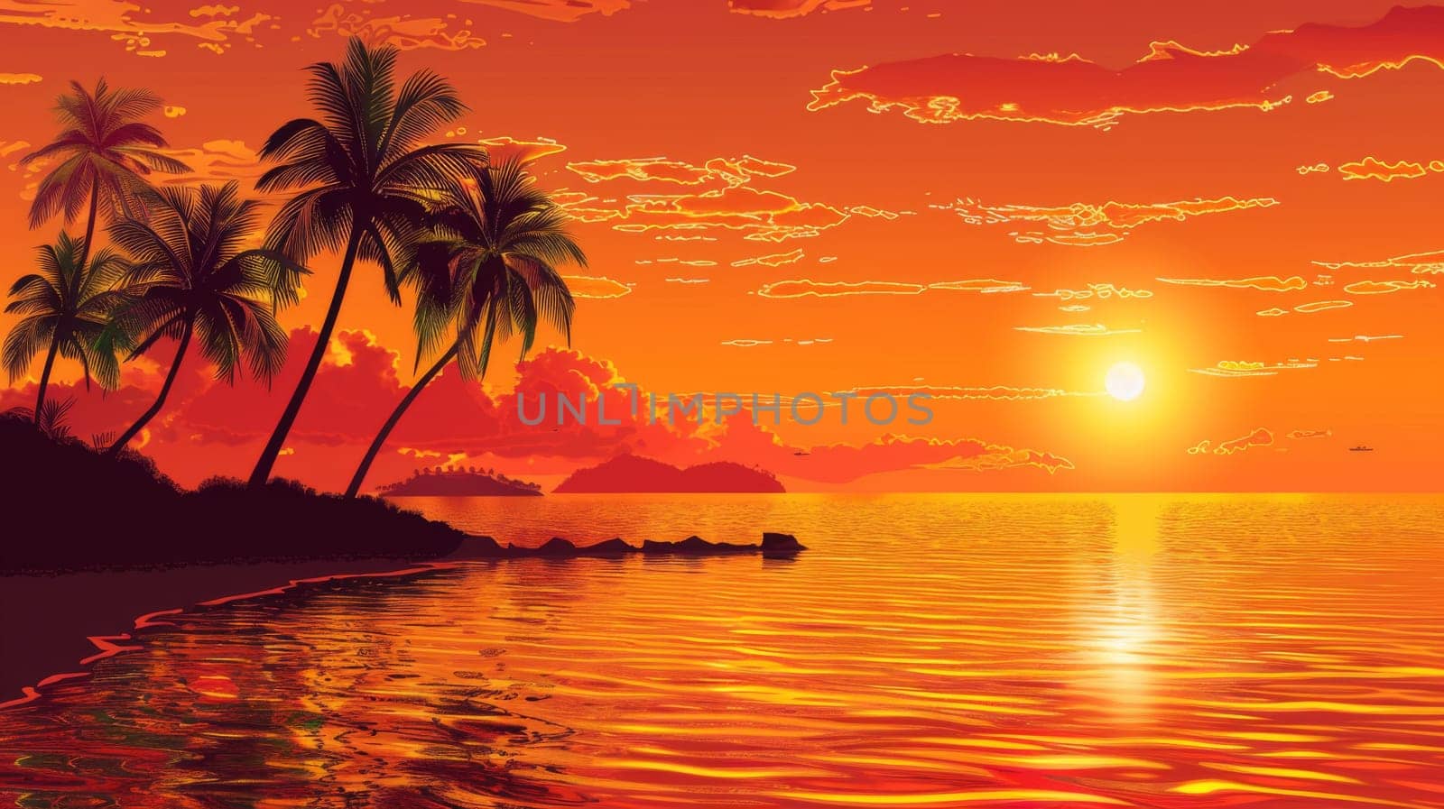 A sunset over the ocean with palm trees and a boat, AI by starush