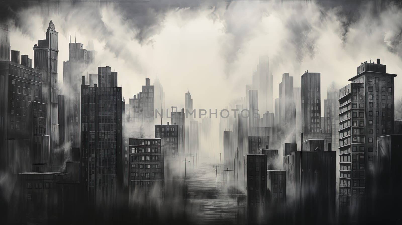 Industrial city with skyscrapers, shrouded in a smoky, charcoal atmosphere, the angular forms of buildings creating a dynamic composition by Kadula