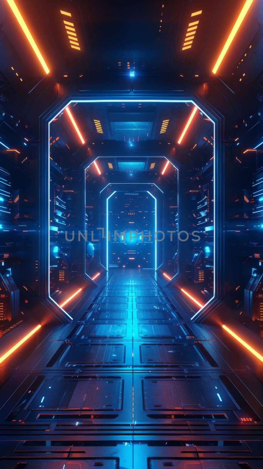 A futuristic looking hallway with neon lights and a glowing floor