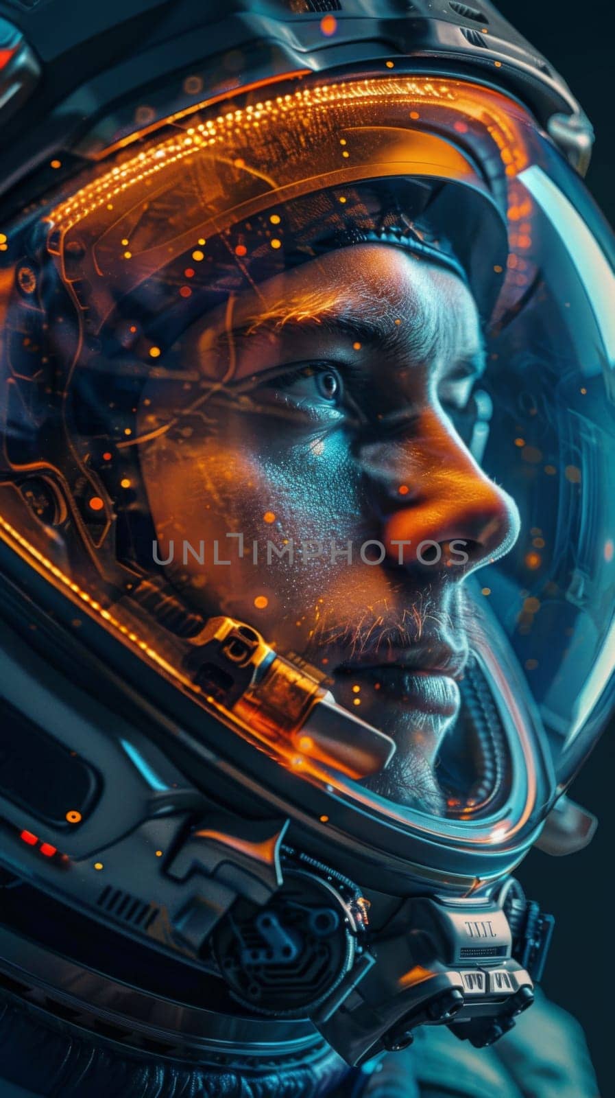 A close up of a man in an astronaut suit with glowing eyes