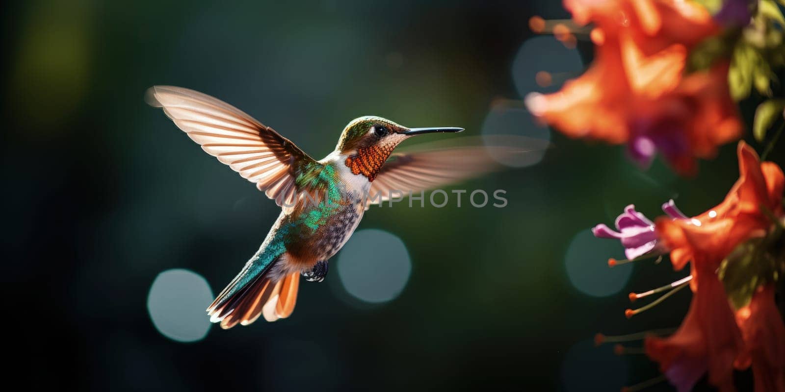 hummingbird in flight, wings oscillating in frozen moment of motion