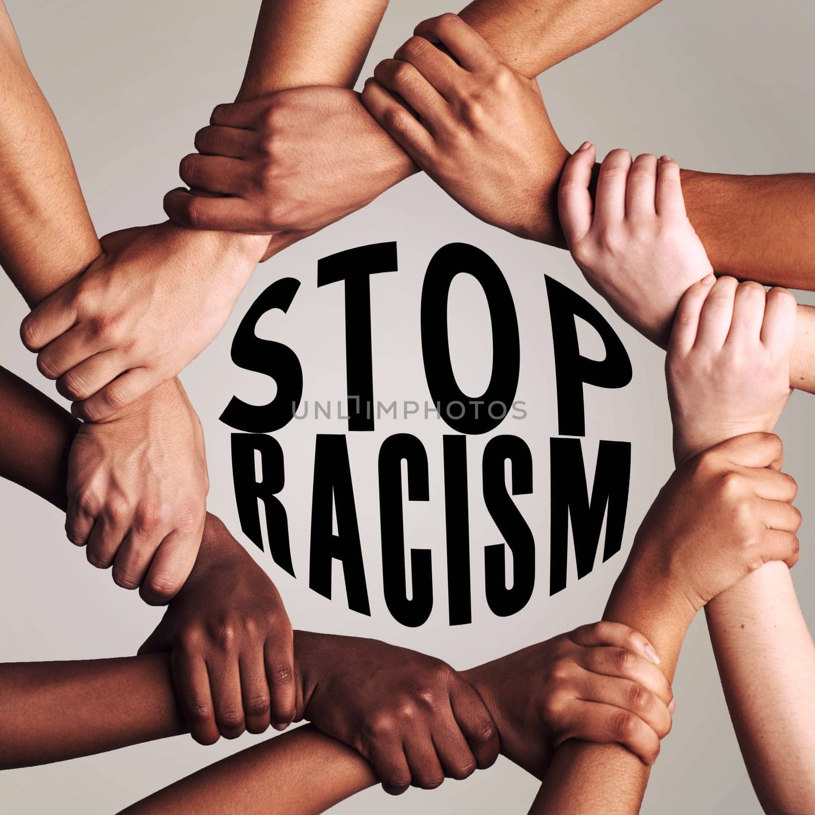 Stop racism, hands and message with diversity with support for equal rights, justice and solidarity in studio. Circle, group and social equality with fight, peaceful protest and opinion for awareness by YuriArcurs