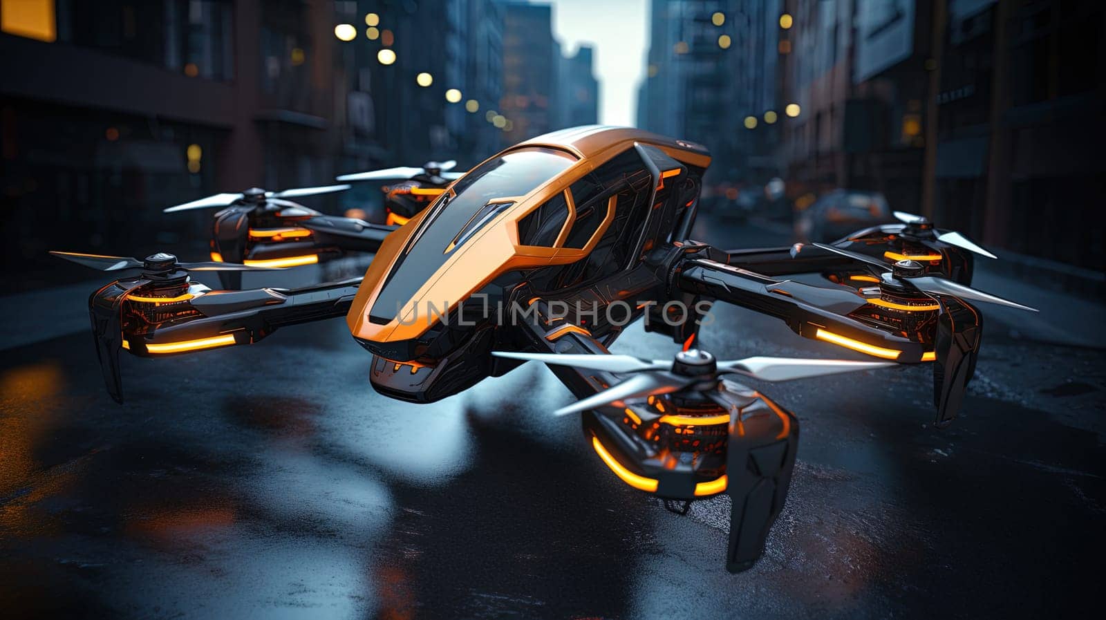 A close-up of a cyberpunk drone with angular edges and pulsating LED lights, its metallic shell adorned with circuit patterns by Kadula