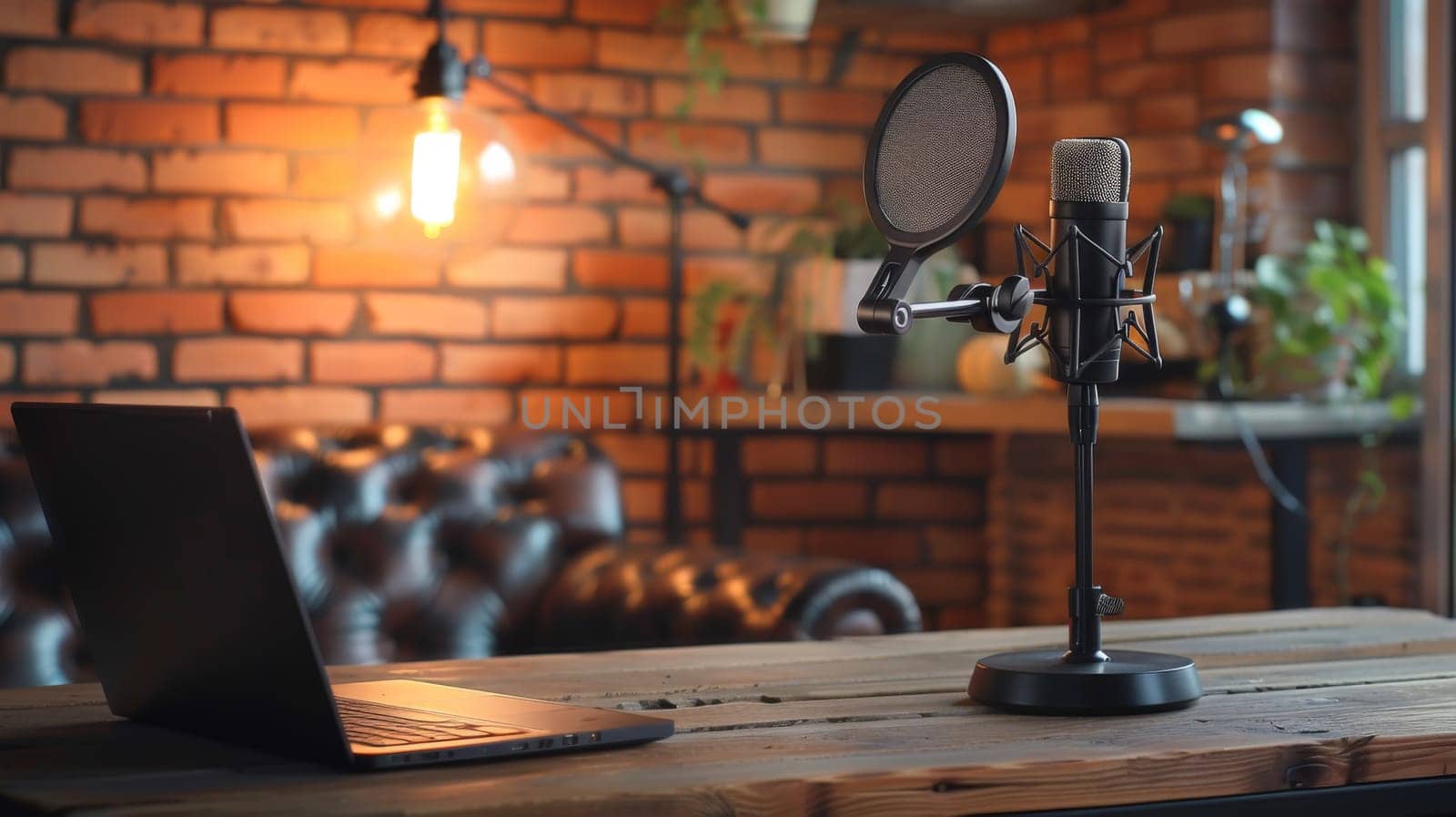 A laptop sitting on a table with microphone and brick wall behind