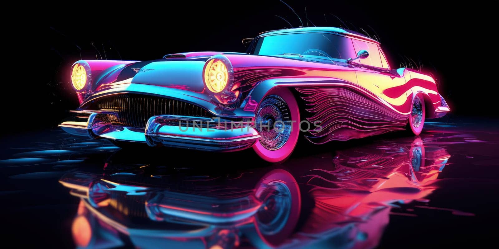 Retro car adorned with mesmerizing neon outlines, the dynamic lighting creating a futuristic and nostalgic fusion by Kadula