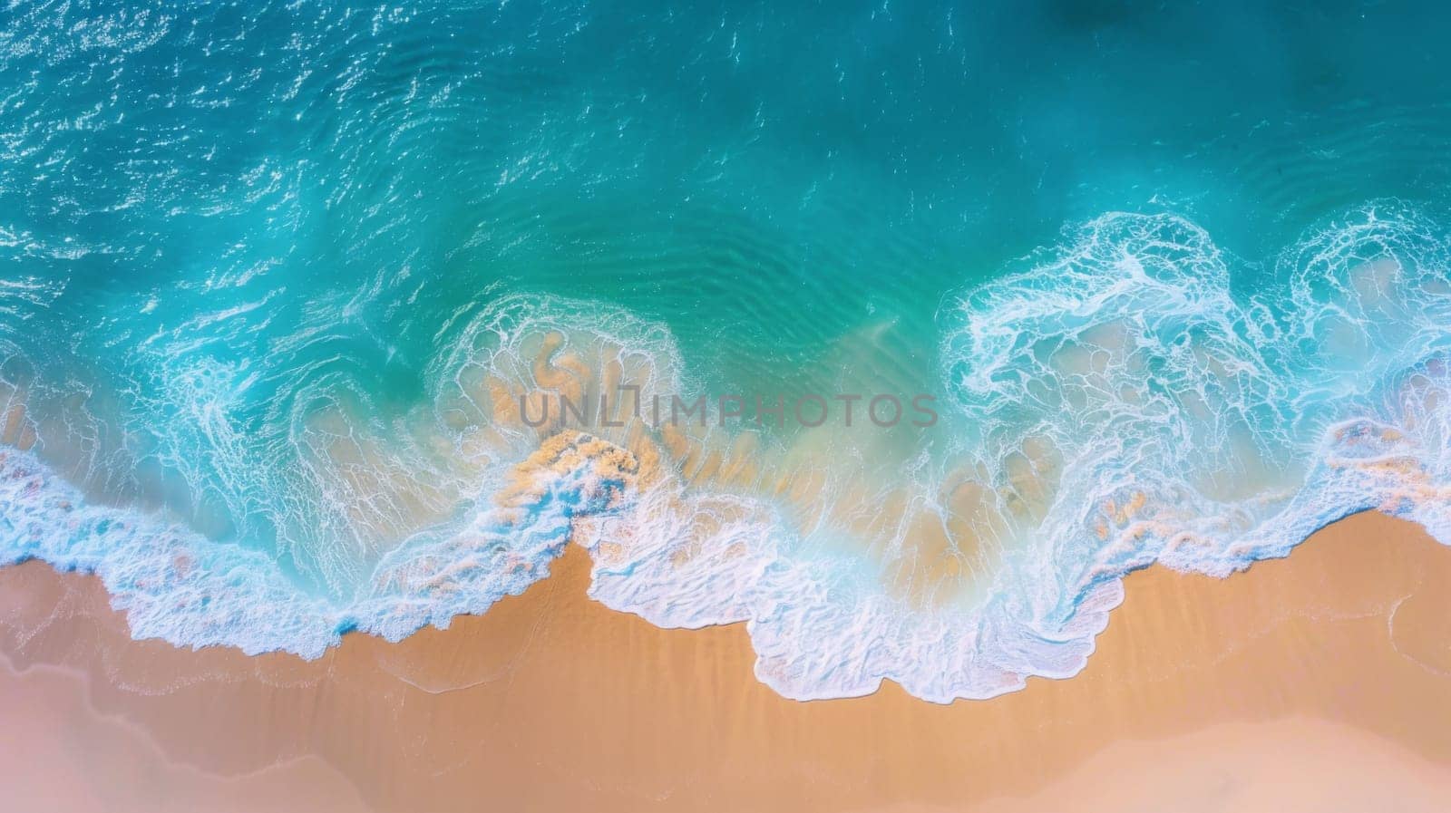 An aerial view of a beach with waves and sand